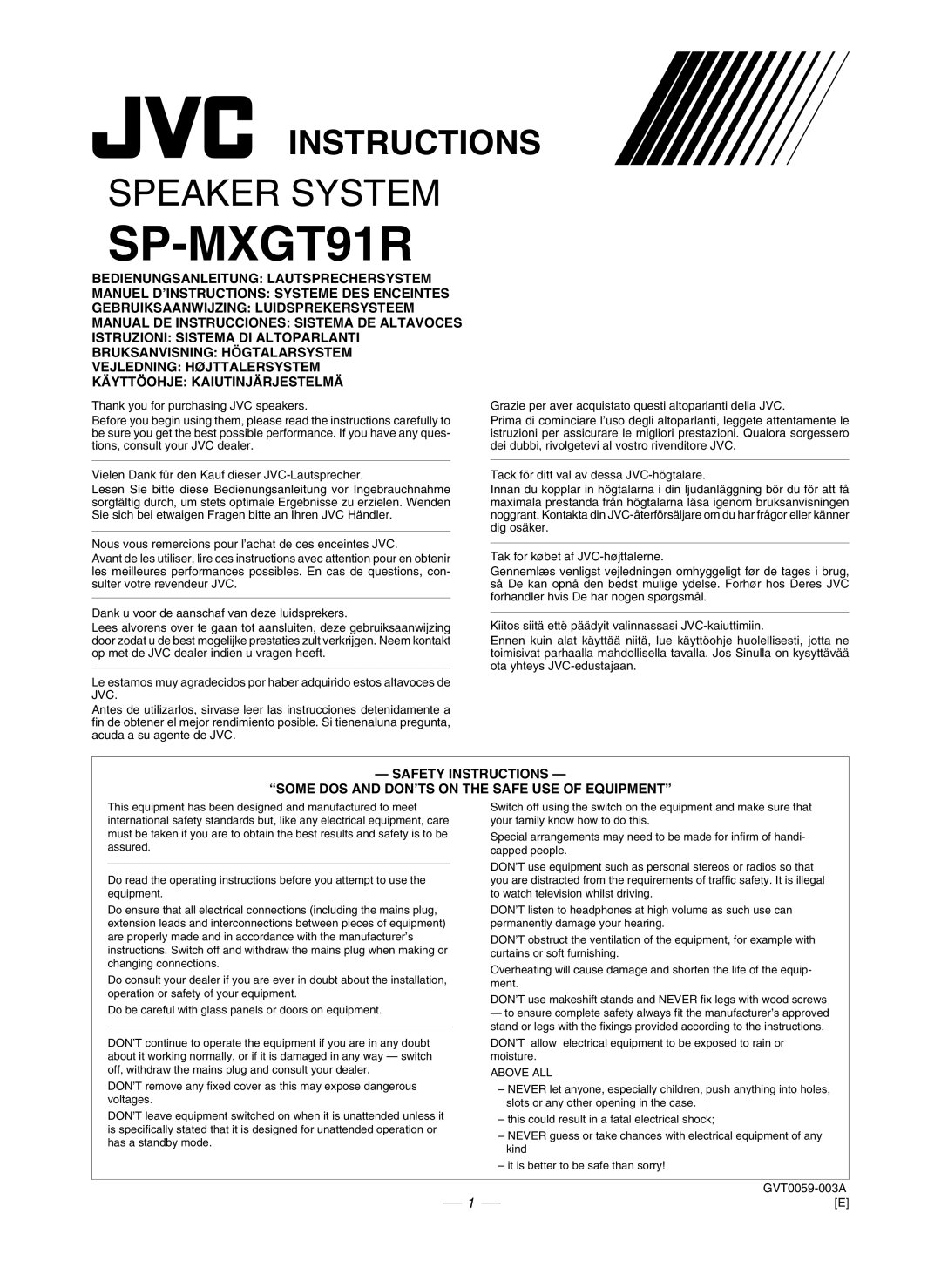 JVC CA-MXGT91R manual Bedienungsanleitung Lautsprechersystem, Manuel D’Instructions Systeme Des Enceintes, SP-MXGT91R 