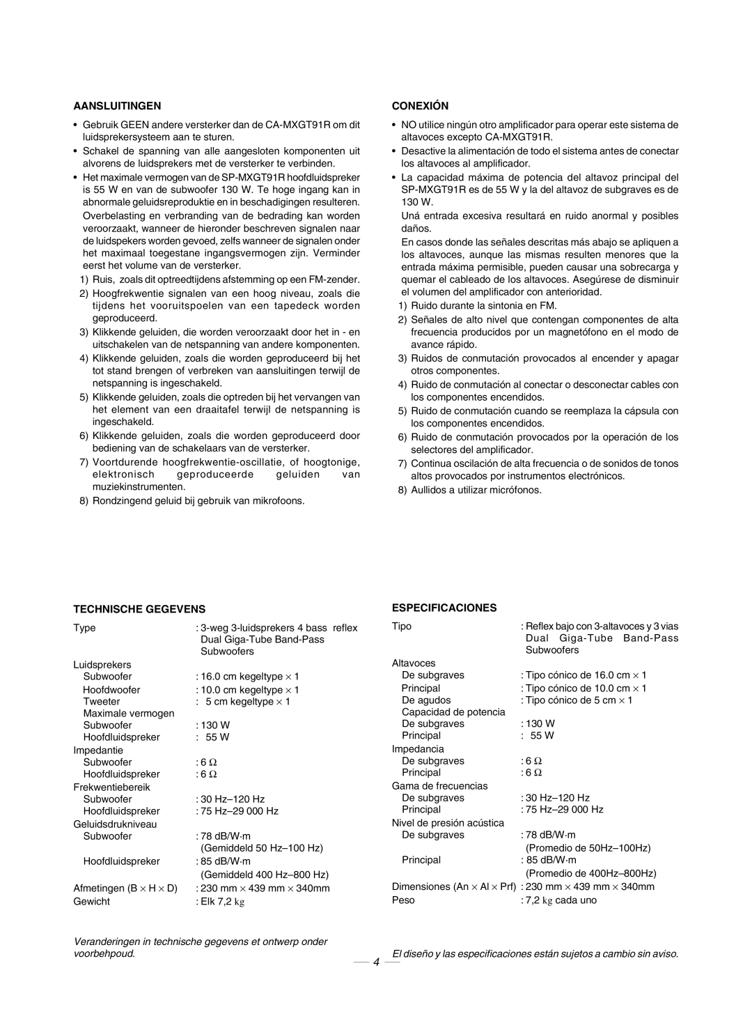 JVC CA-MXGT91R manual Aansluitingen, Conexión, Technische Gegevens, Especificaciones 