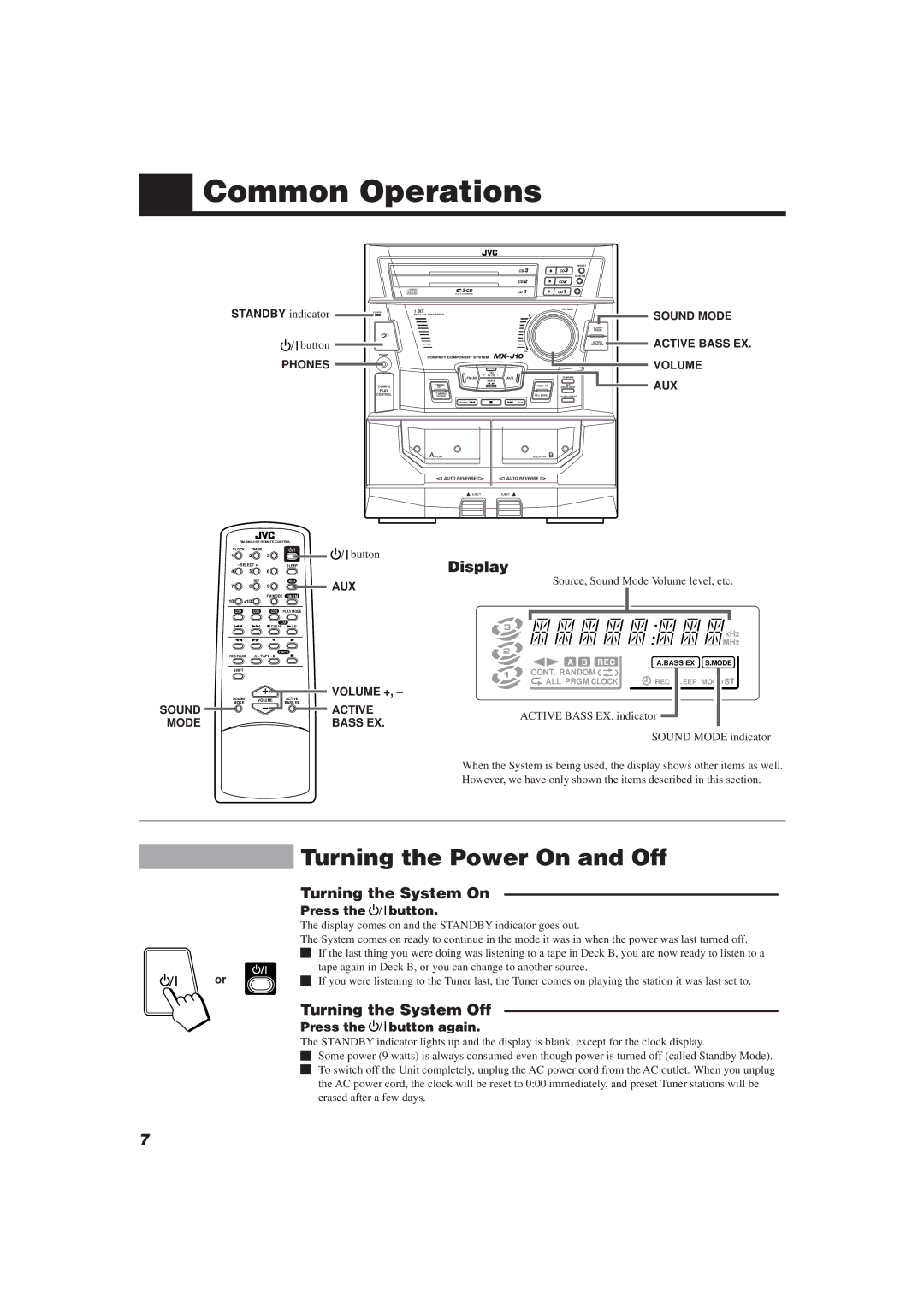 JVC CA-MXJ10 manual Common Operations, Turning the Power On and Off, Display, Turning the System On, Turning the System Off 