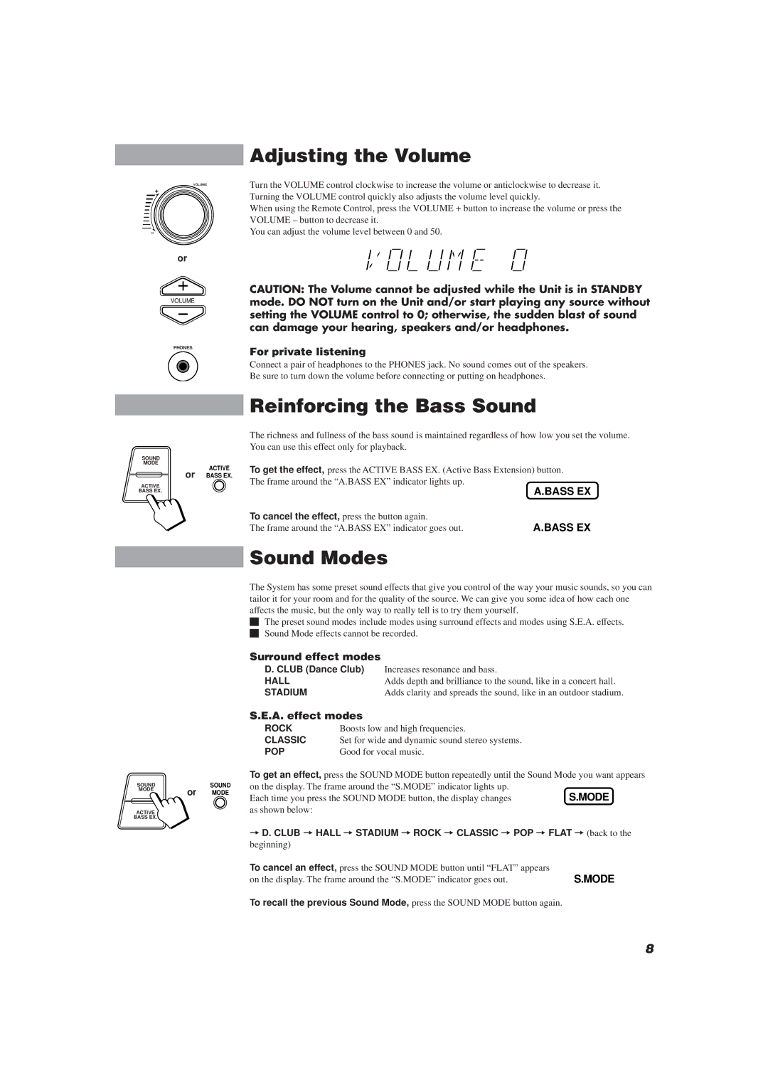 JVC CA-MXJ10 manual Adjusting the Volume, Reinforcing the Bass Sound, Sound Modes 