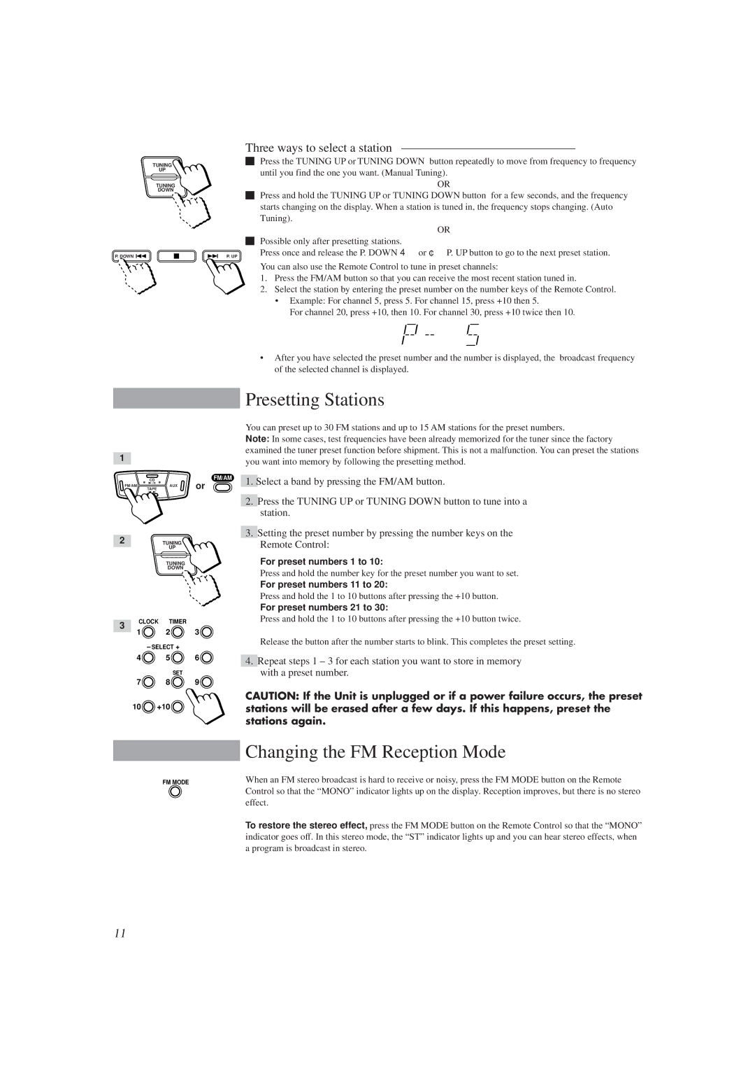 JVC CA-MXJ10 manual Presetting Stations, Changing the FM Reception Mode, Three ways to select a station 