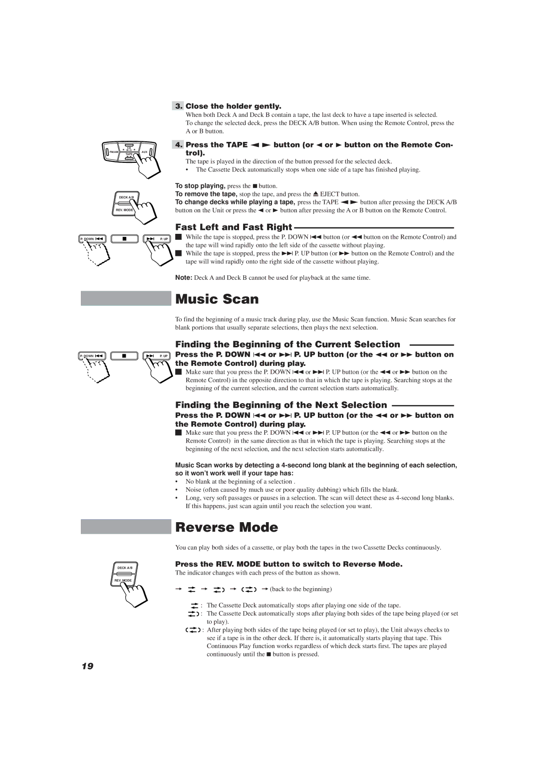 JVC CA-MXJ10 manual Music Scan, Reverse Mode, Fast Left and Fast Right, Finding the Beginning of the Current Selection 