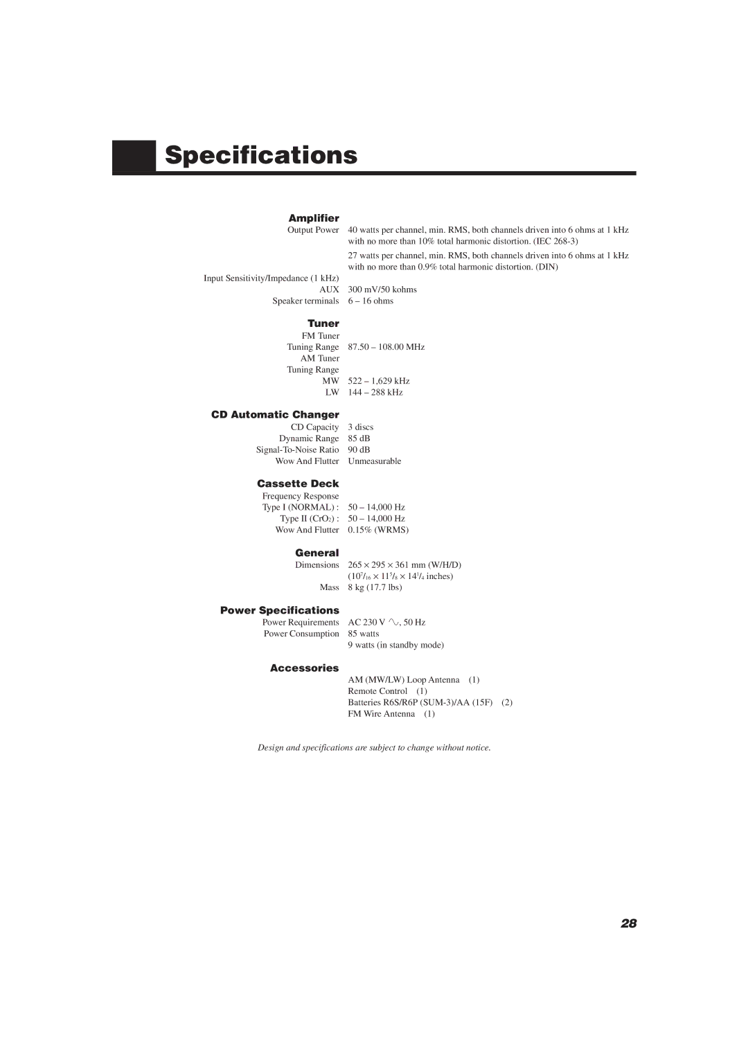 JVC CA-MXJ10 manual Specifications 