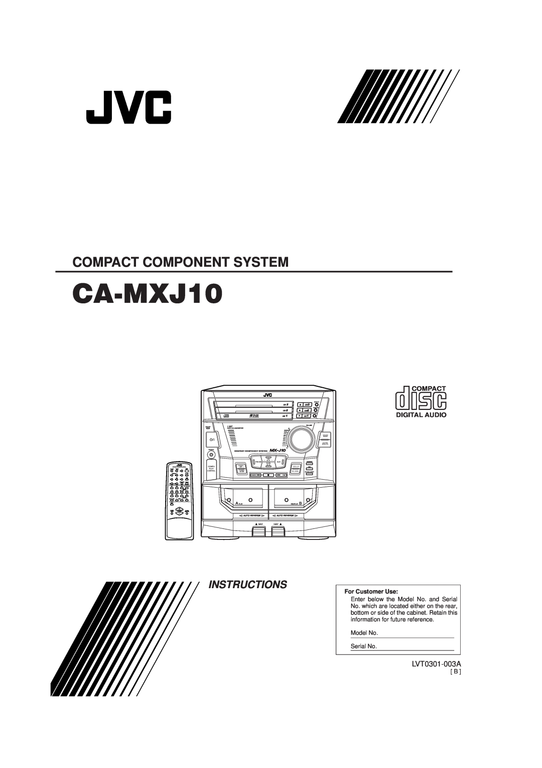 JVC CA-MXJ10 manual Compact Component System, Instructions, LVT0301-003A, Compact Digital Audio, For Customer Use, 1 BIT 