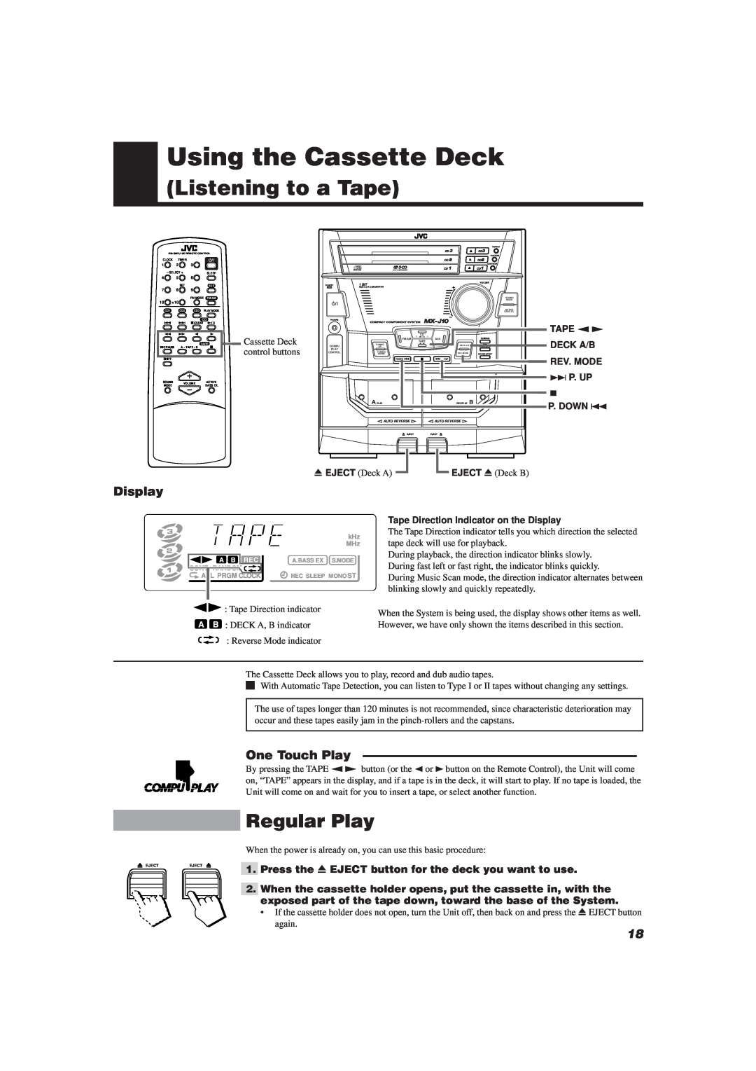 JVC CA-MXJ10 manual Using the Cassette Deck, Listening to a Tape, Regular Play 