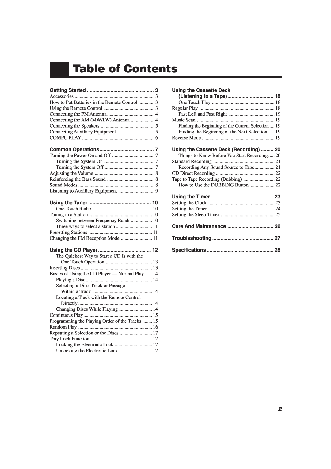 JVC CA-MXJ10 manual Table of Contents 