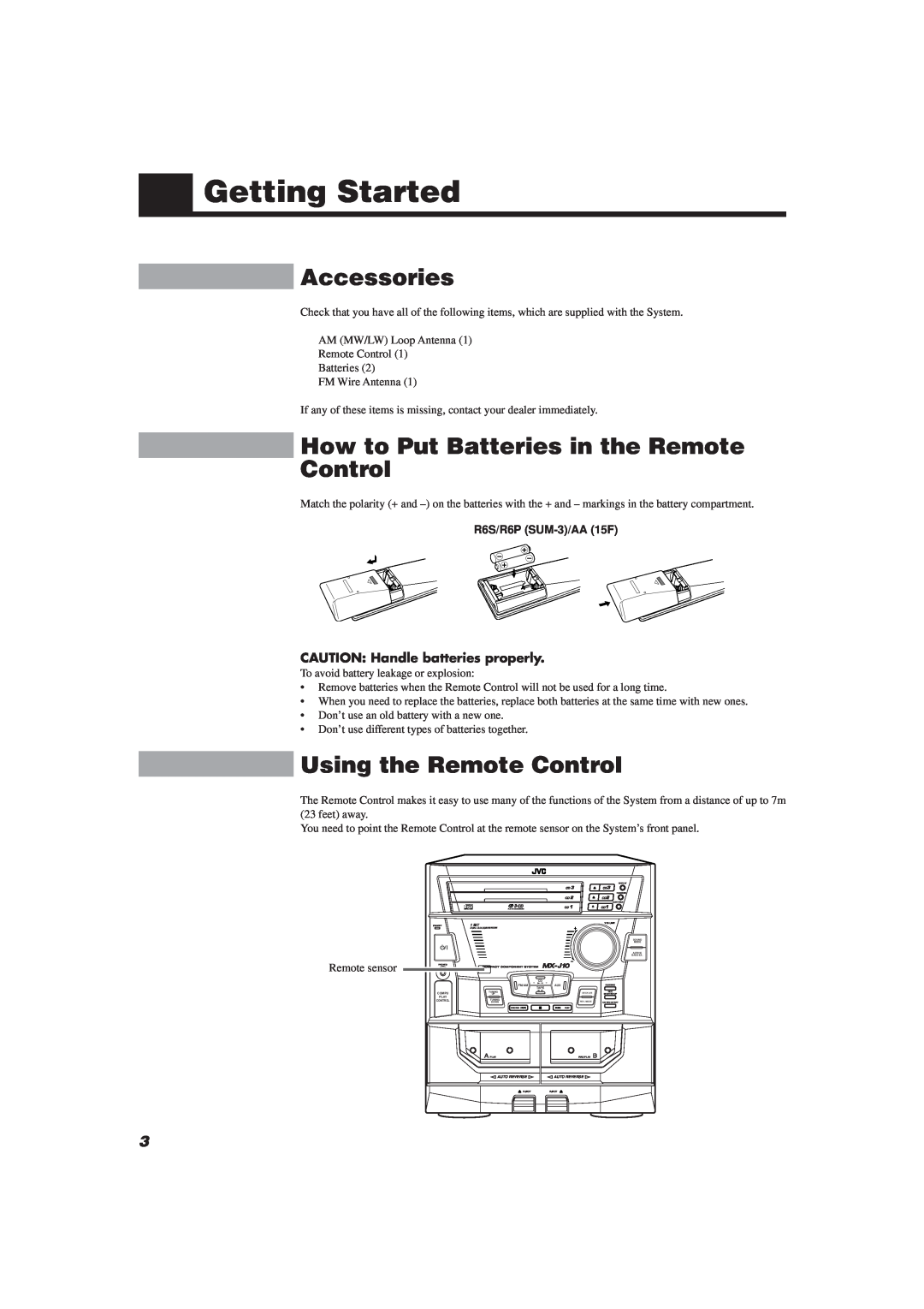 JVC CA-MXJ10 manual Getting Started, Accessories, How to Put Batteries in the Remote Control, Using the Remote Control 