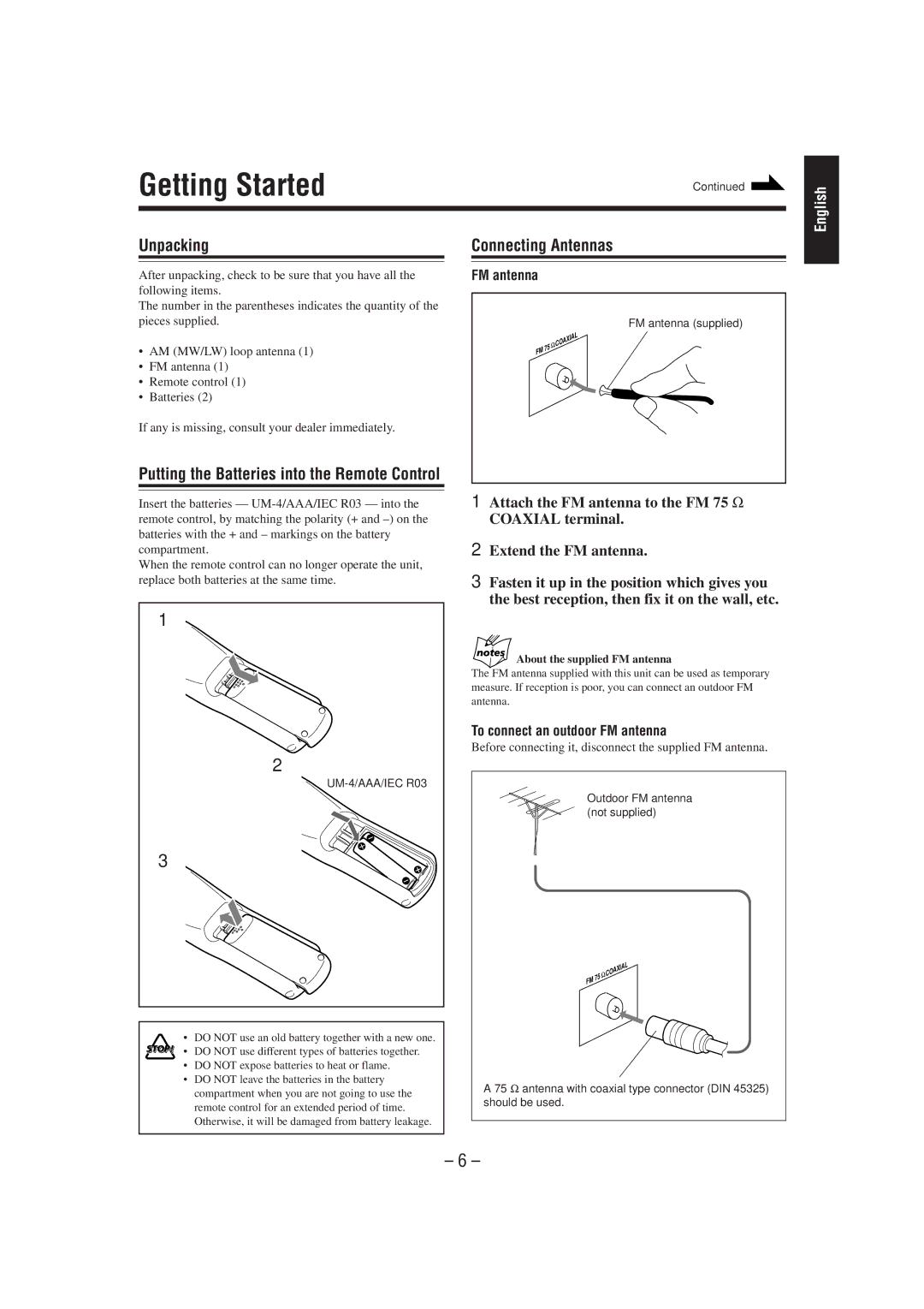 JVC CA-MXJ100 manual Getting Started, Unpacking, Connecting Antennas, To connect an outdoor FM antenna 