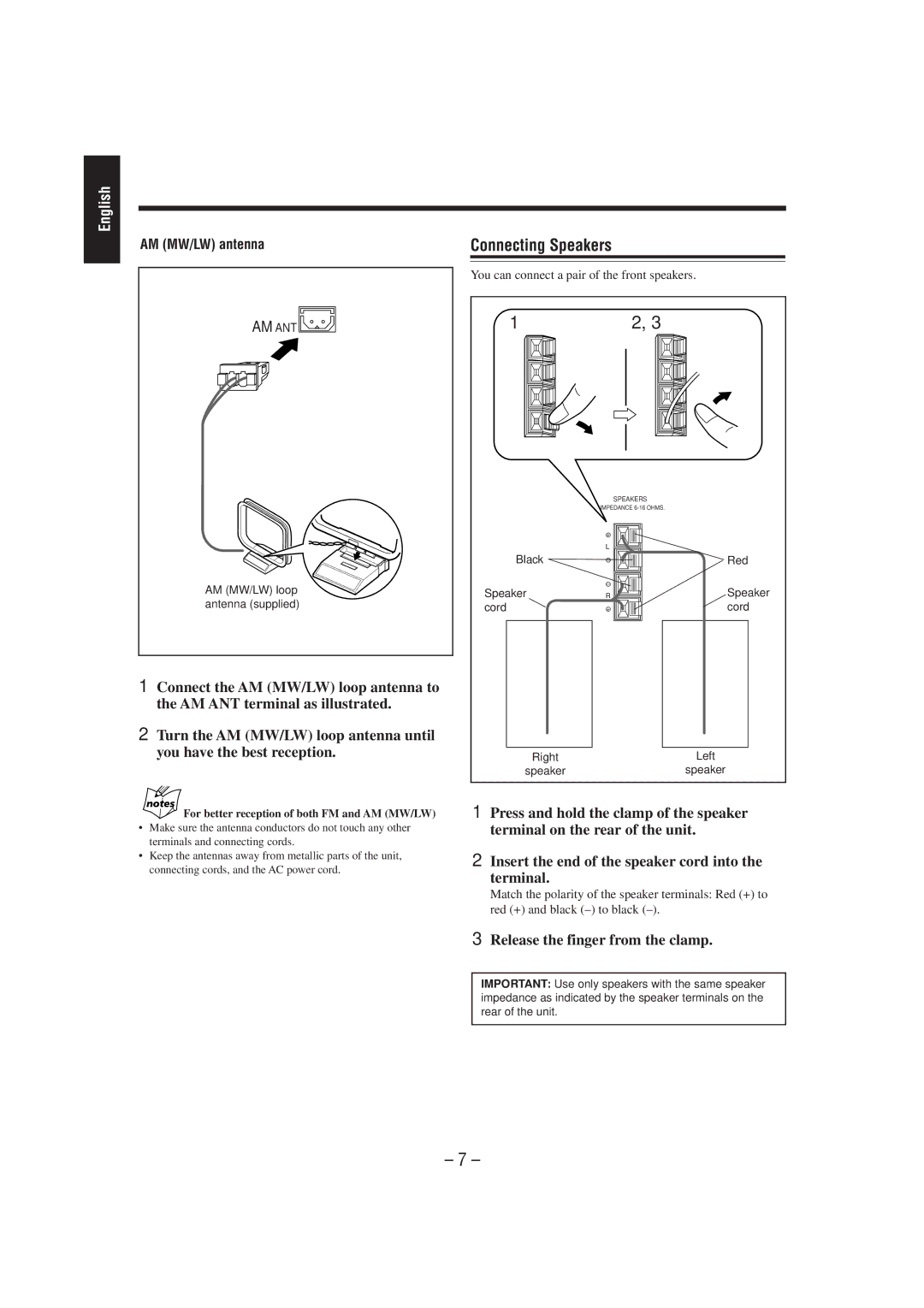 JVC CA-MXJ100 manual Connecting Speakers, Release the finger from the clamp, AM MW/LW antenna 