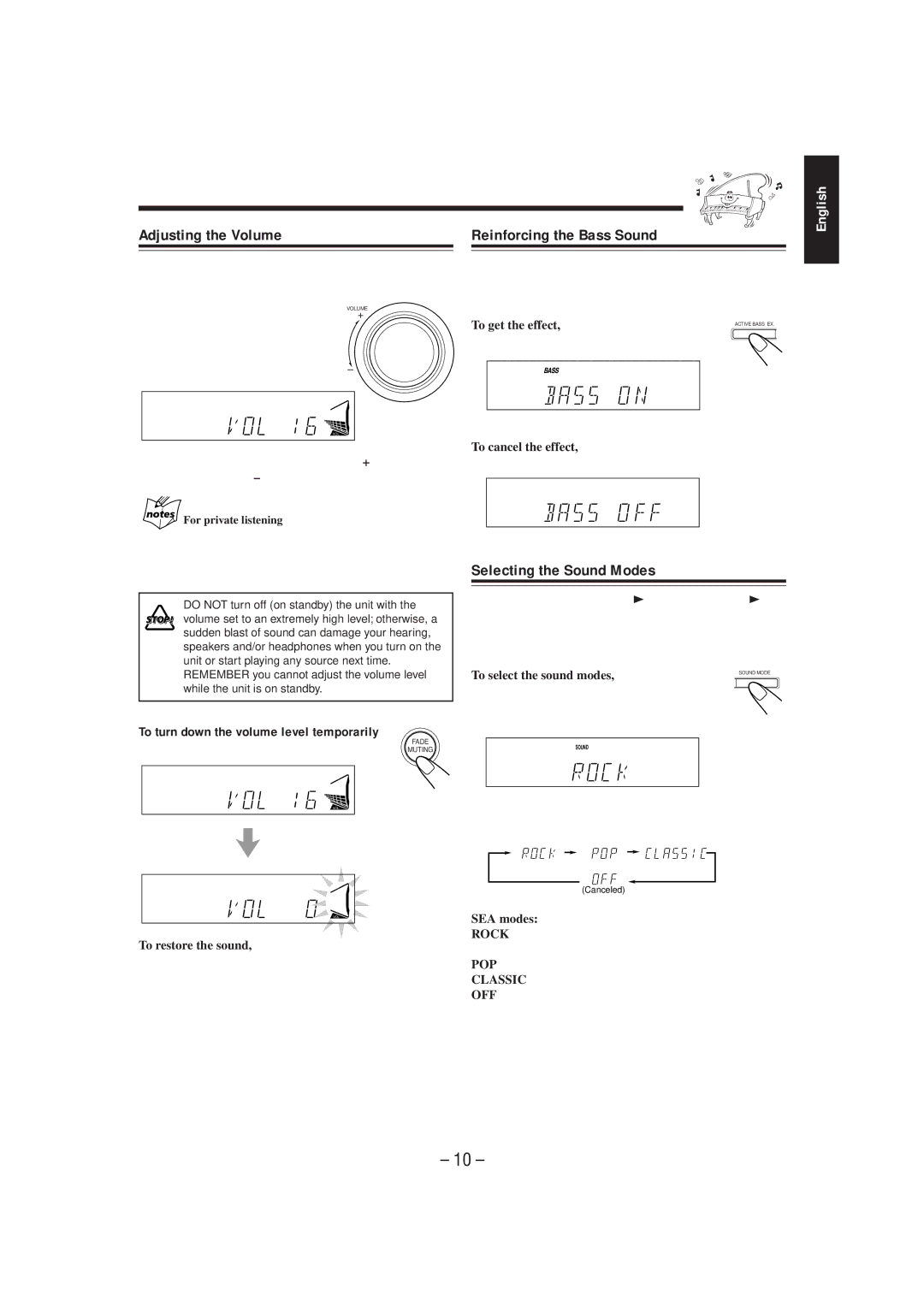 JVC CA-MXJ100 manual Adjusting the Volume, Reinforcing the Bass Sound, Selecting the Sound Modes 