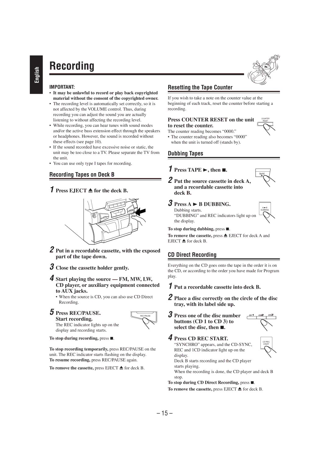 JVC CA-MXJ100 manual Recording Tapes on Deck B, Resetting the Tape Counter, Dubbing Tapes, CD Direct Recording 