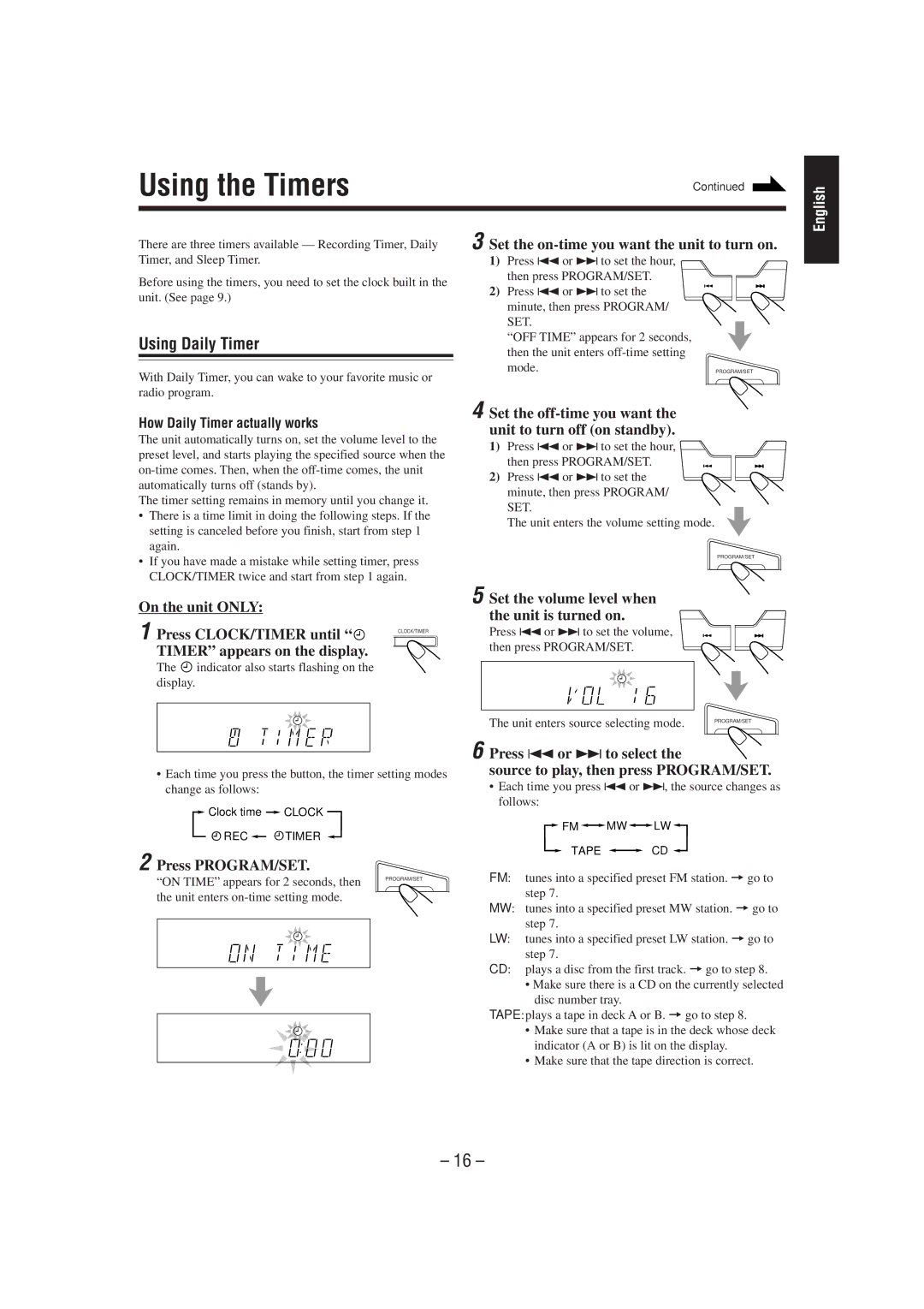 JVC CA-MXJ100 manual Using the Timers, Using Daily Timer 