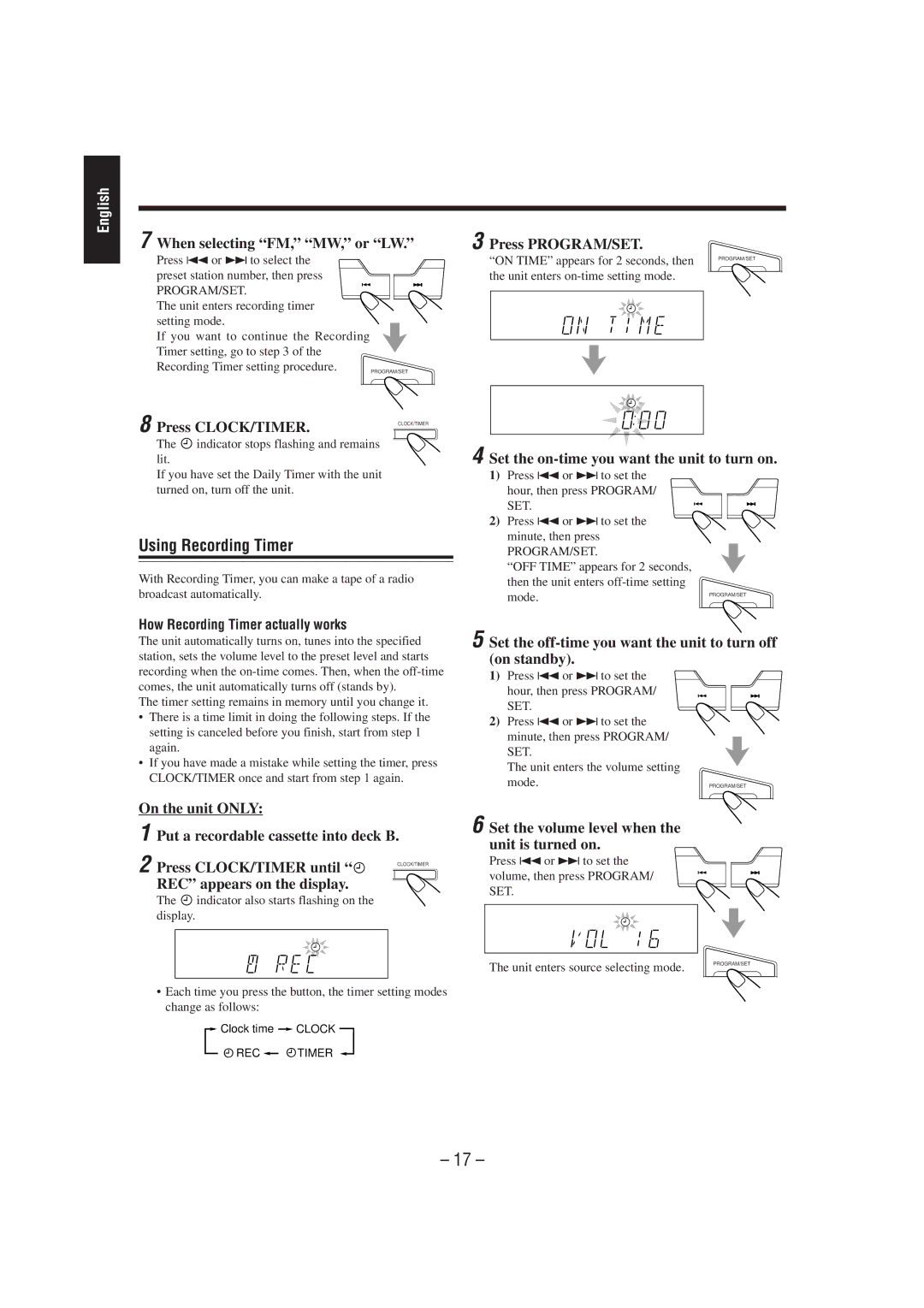 JVC CA-MXJ100 manual Using Recording Timer, When selecting FM, MW, or LW, Press CLOCK/TIMER, REC appears on the display 