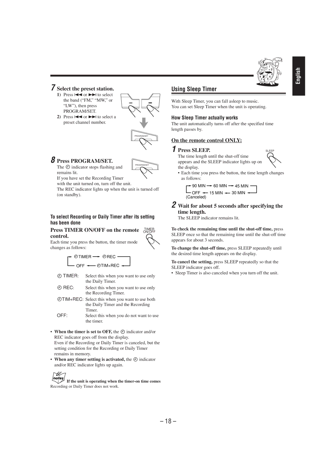 JVC CA-MXJ100 manual Using Sleep Timer, Select the preset station, Press Timer ON/OFF on the remote 