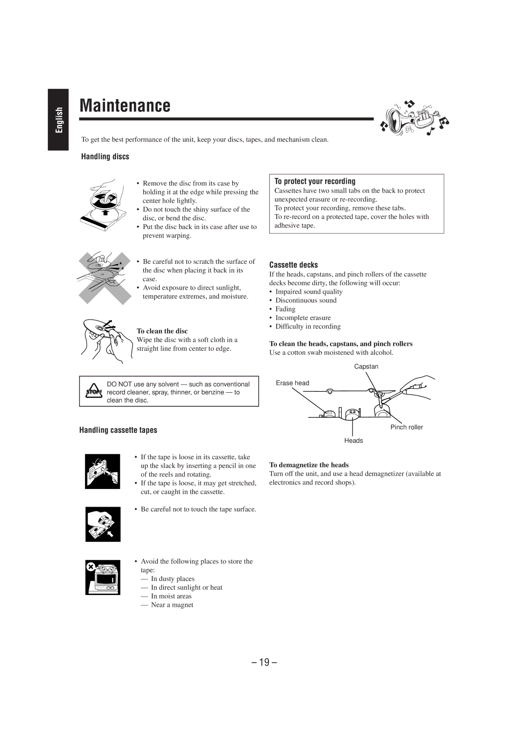 JVC CA-MXJ100 manual Maintenance, Handling discs, Handling cassette tapes, To protect your recording, Cassette decks 