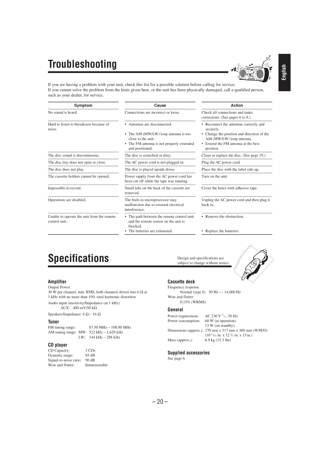 JVC CA-MXJ100 manual Troubleshooting, Amplifier, Tuner, General, CD player 