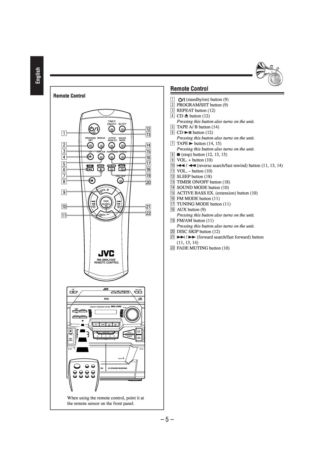 JVC CA-MXJ100 manual Remote Control, English 