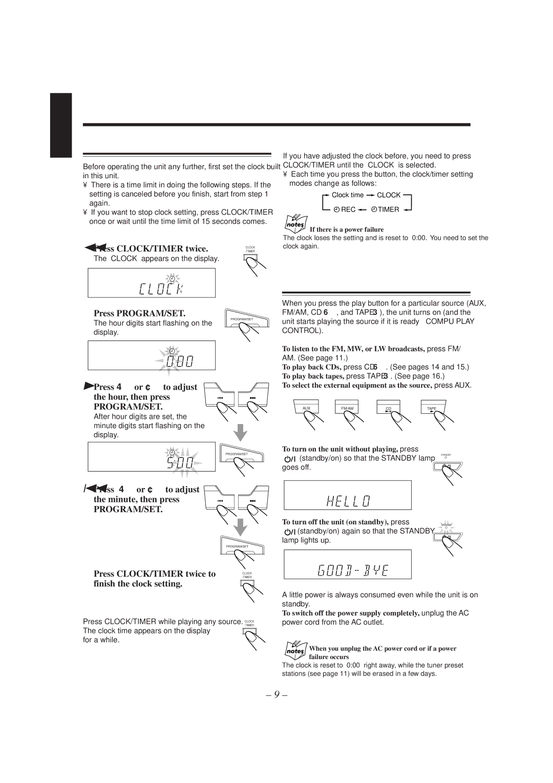 JVC CA-MXJ150R manual Common Operations, Setting the Clock, Turning On the Power and Selecting the Sources 