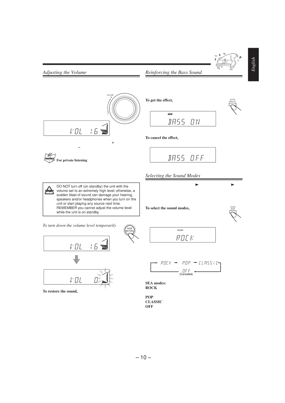 JVC CA-MXJ150R manual Adjusting the Volume, Reinforcing the Bass Sound, Selecting the Sound Modes 