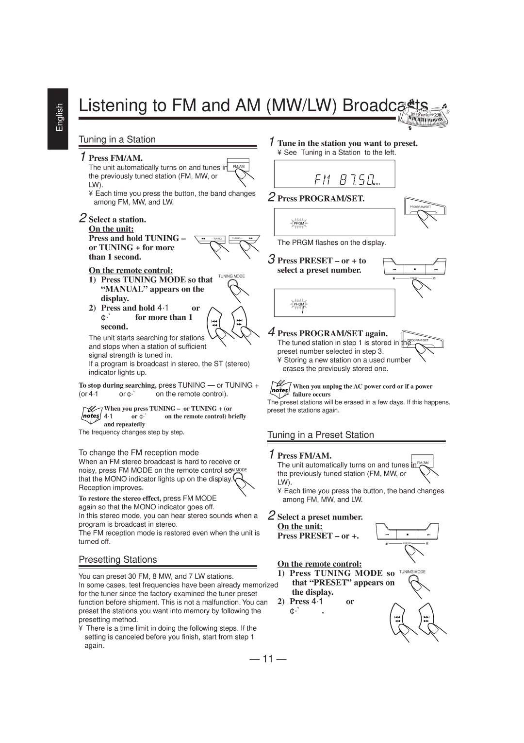 JVC CA-MXJ150R manual Tuning in a Station, Tuning in a Preset Station, Presetting Stations 