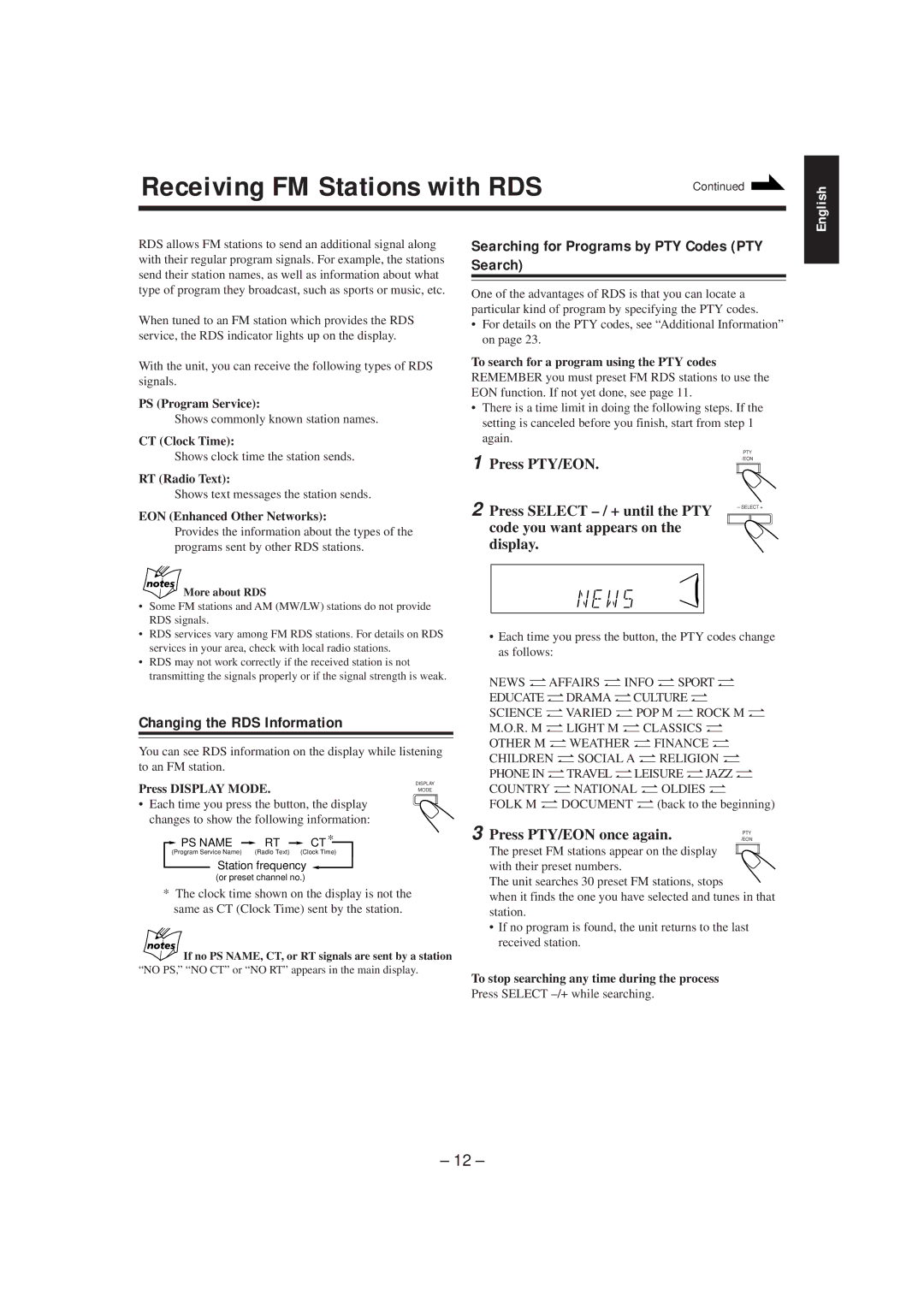 JVC CA-MXJ150R manual Receiving FM Stations with RDS, Searching for Programs by PTY Codes PTY Search 