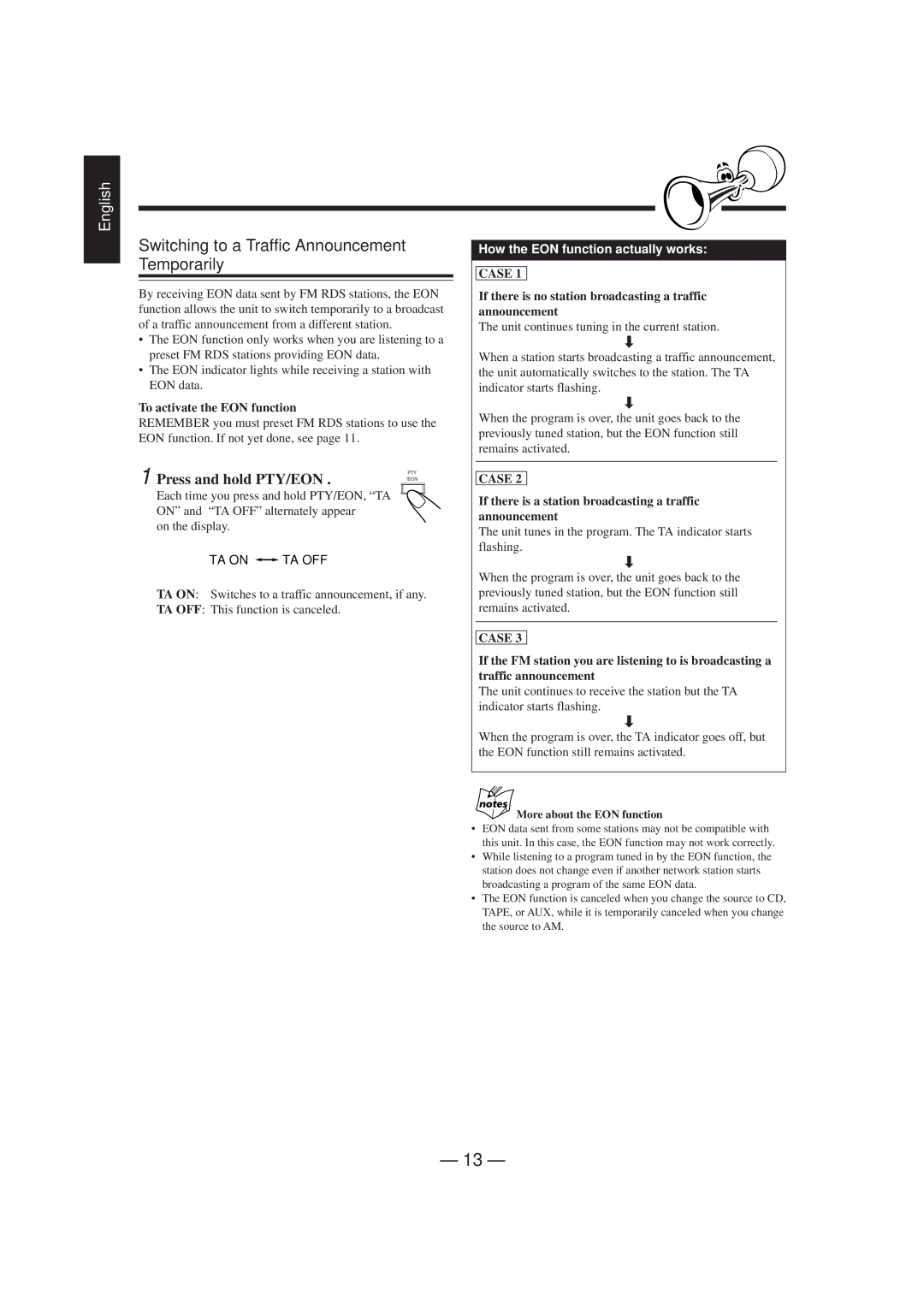 JVC CA-MXJ150R manual Switching to a Traffic Announcement Temporarily, Press and hold PTY/EON, To activate the EON function 