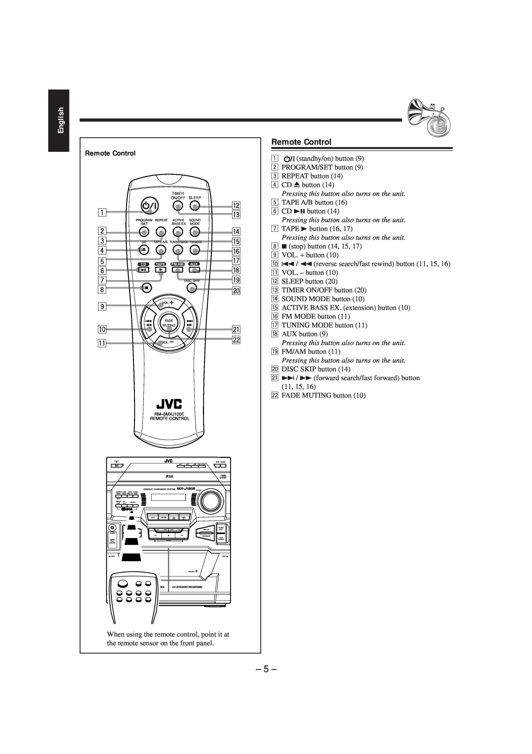 JVC CA-MXJ150R manual Remote Control, English 
