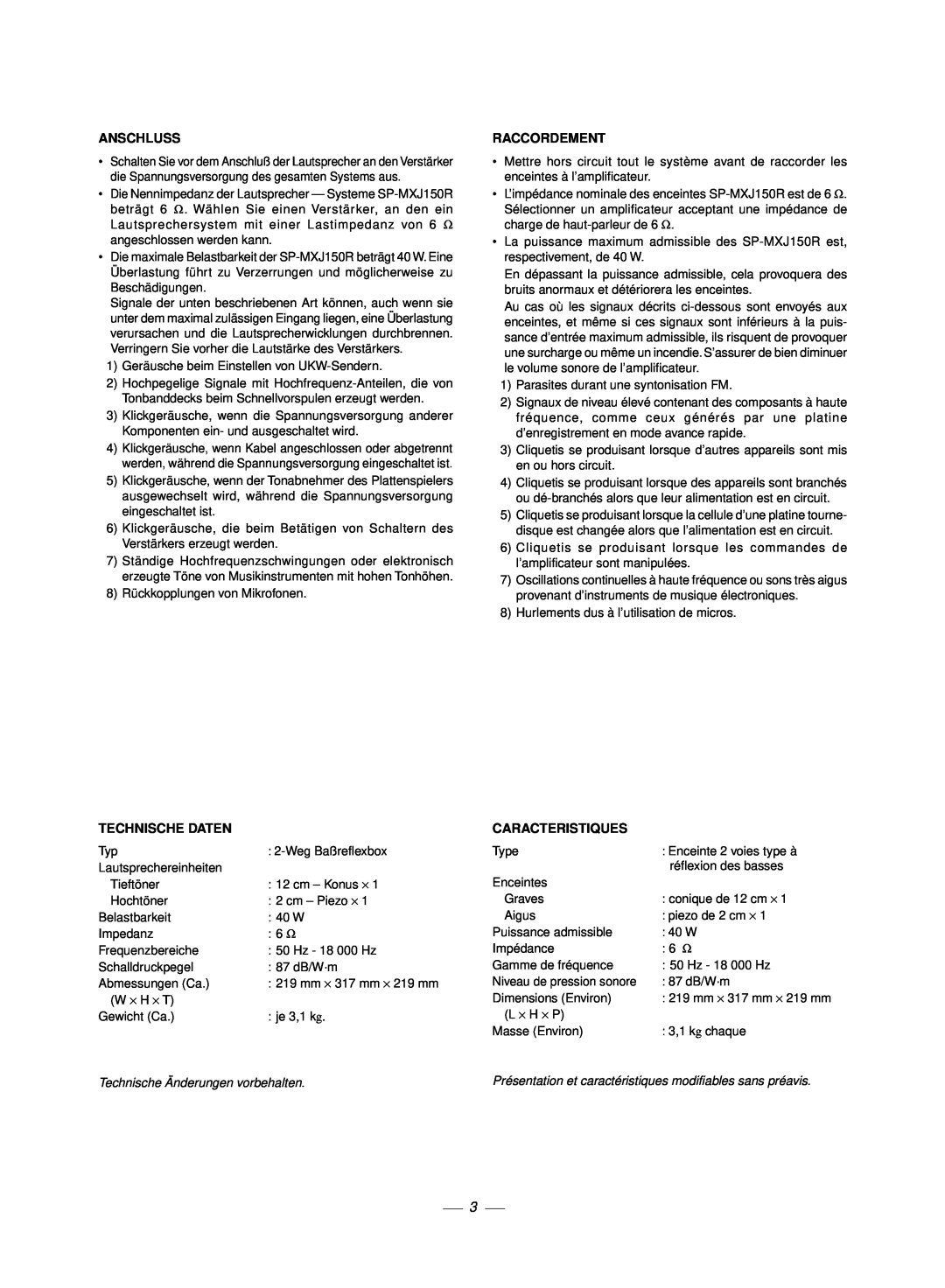 JVC CA-MXJ150R manual Anschluss, Raccordement, Technische Daten, Caracteristiques 