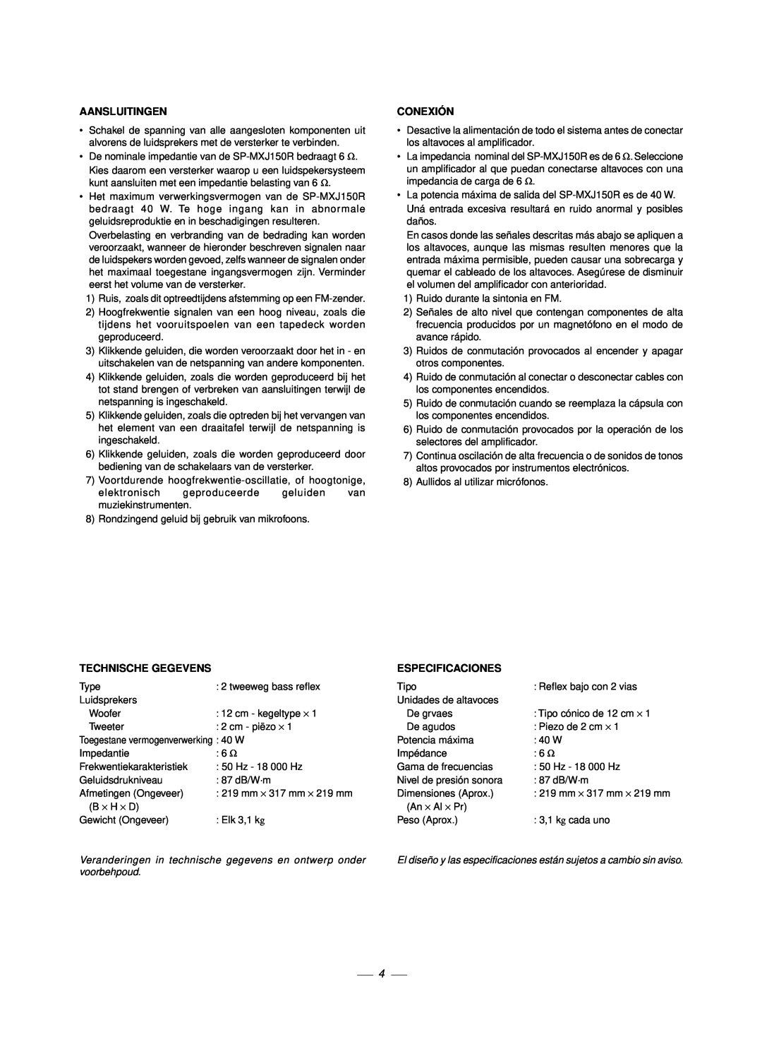 JVC CA-MXJ150R manual Aansluitingen, Conexió N, Technische Gegevens, Especificaciones 