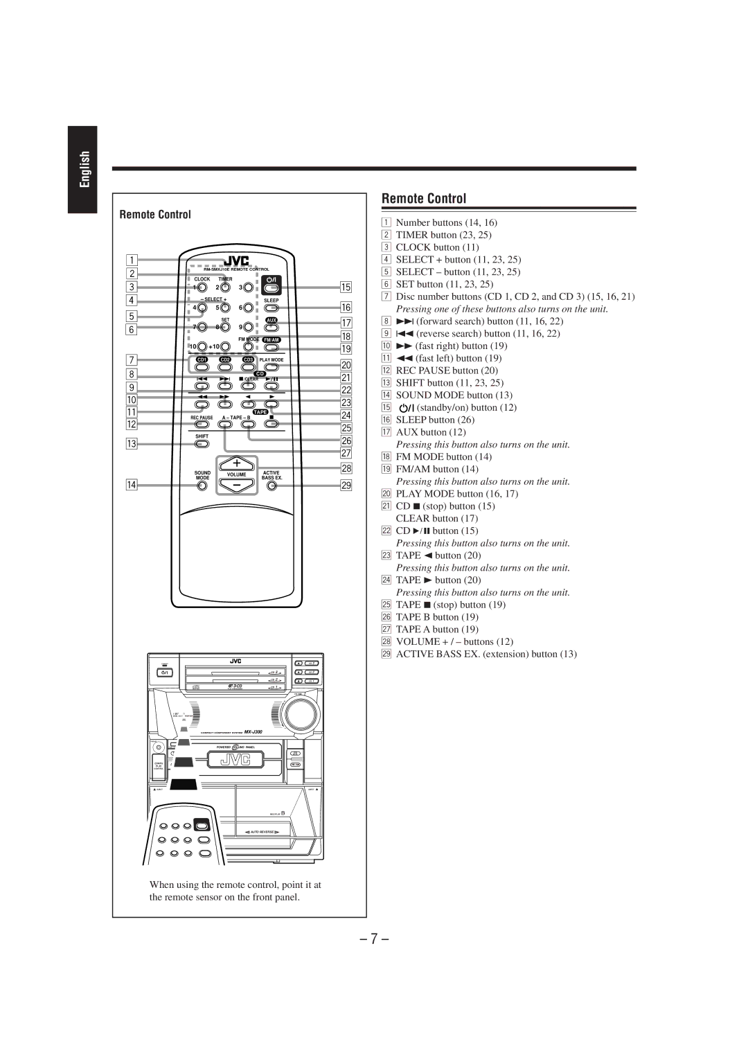 JVC CA-MXJ200, CA-MXJ300 manual Remote Control 