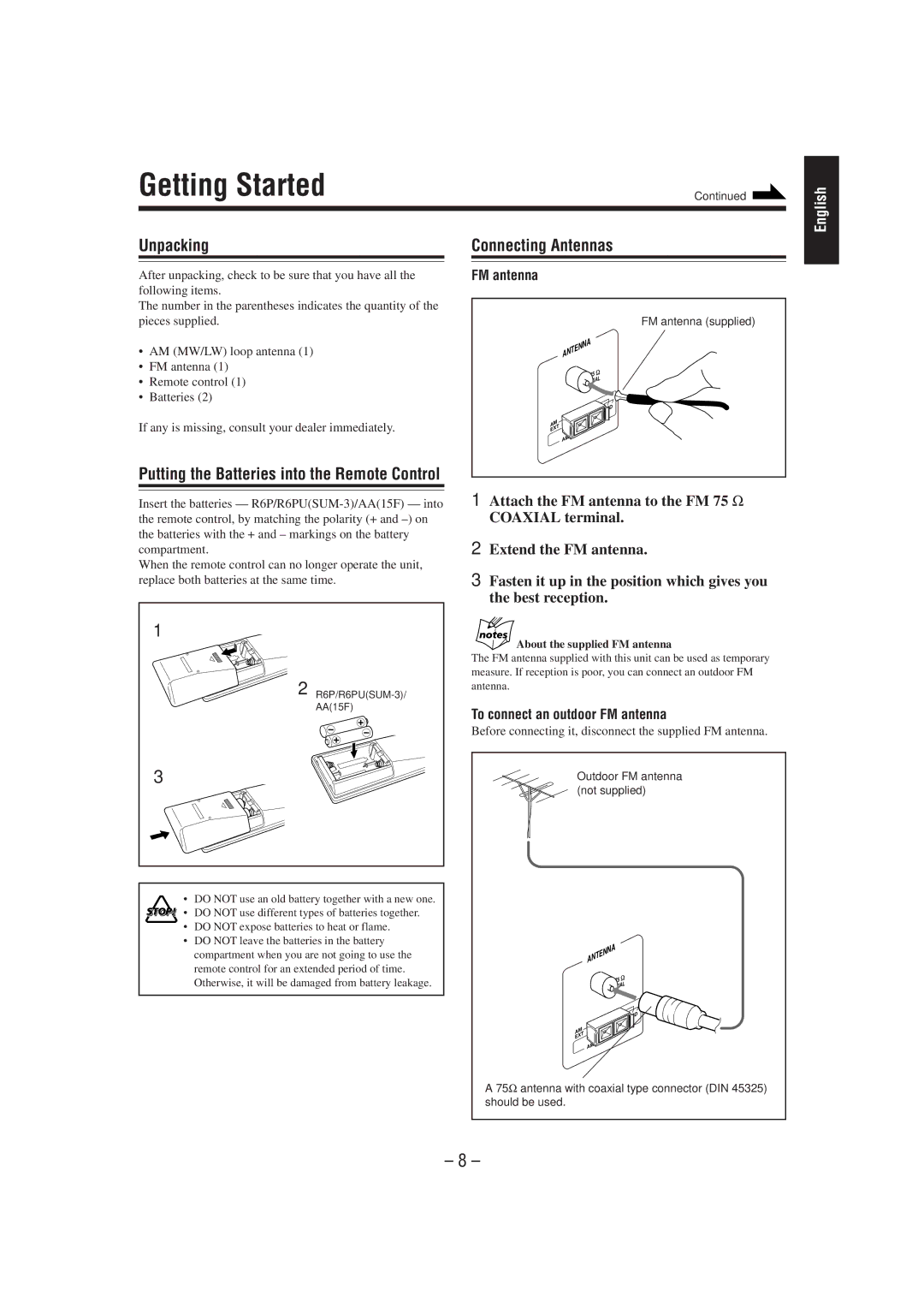 JVC CA-MXJ300, CA-MXJ200 manual Getting Started, Unpacking, Connecting Antennas, To connect an outdoor FM antenna 