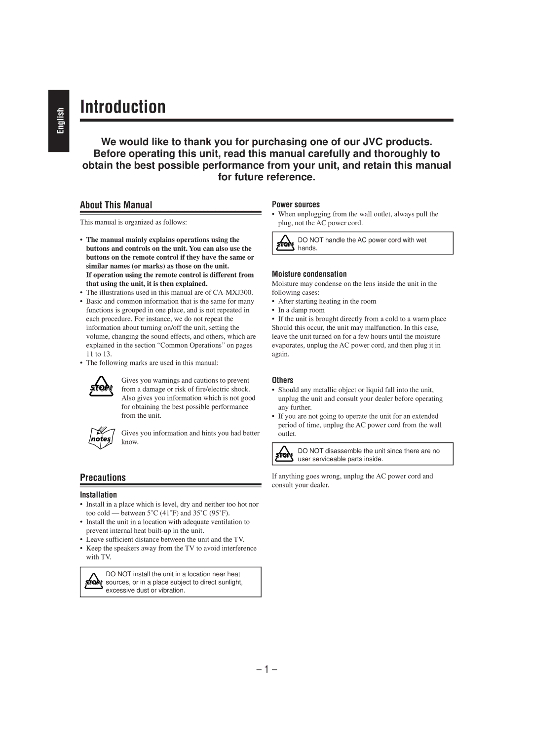 JVC CA-MXJ200, CA-MXJ300 manual Introduction, About This Manual, Precautions 