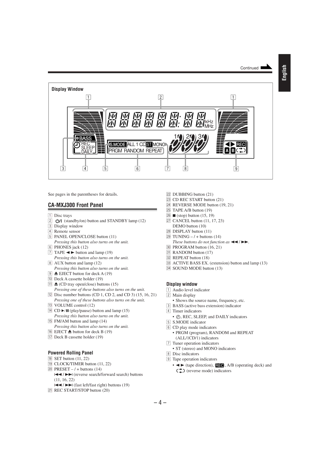 JVC CA-MXJ200 manual CA-MXJ300 Front Panel, Display Window, Powered Rolling Panel 