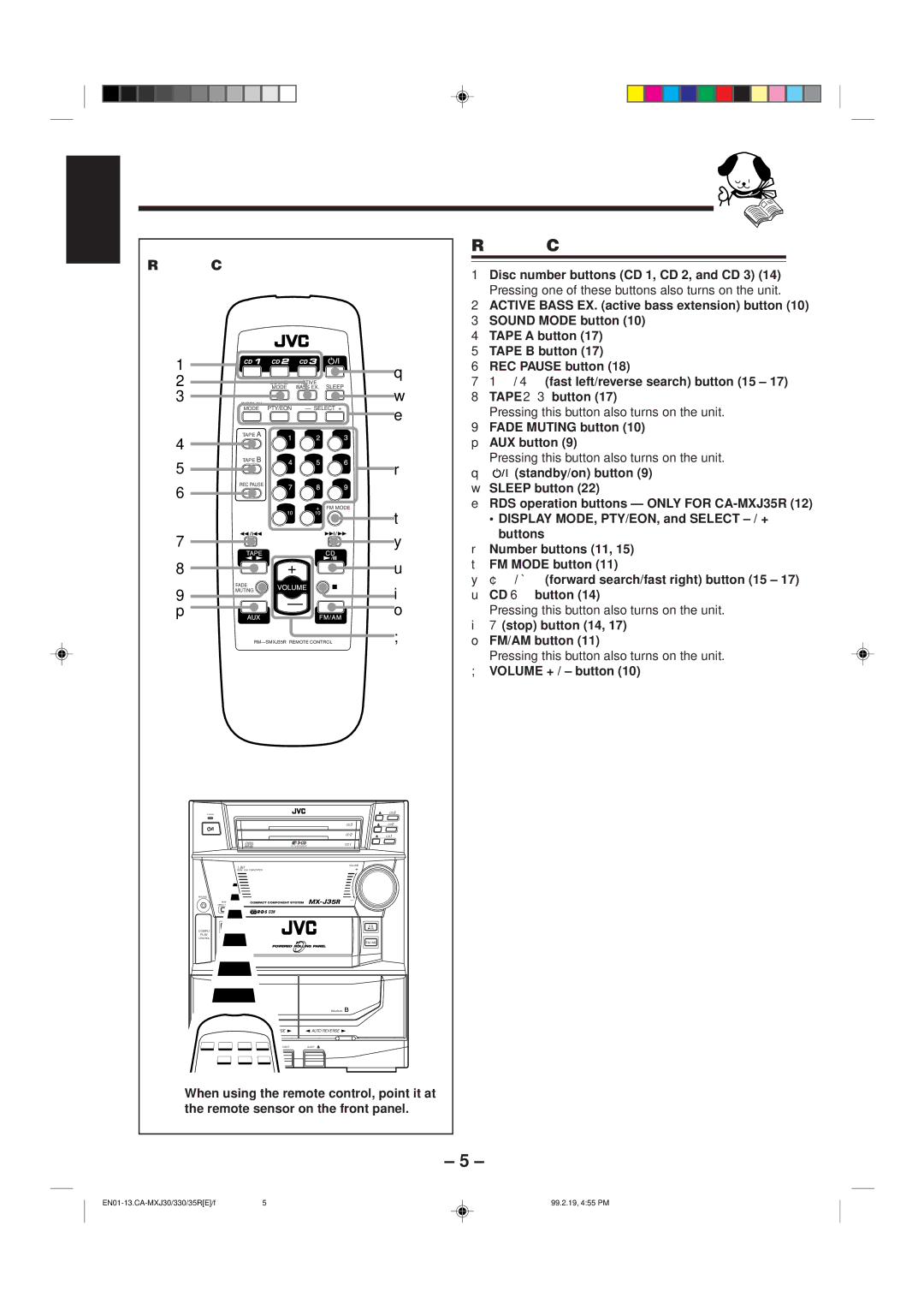 JVC CA-MXJ330, CA-MXJ30, CA-MXJ35R manual Remote Control, Fade Muting button 10 p AUX button, FM/AM button, Volume + / button 