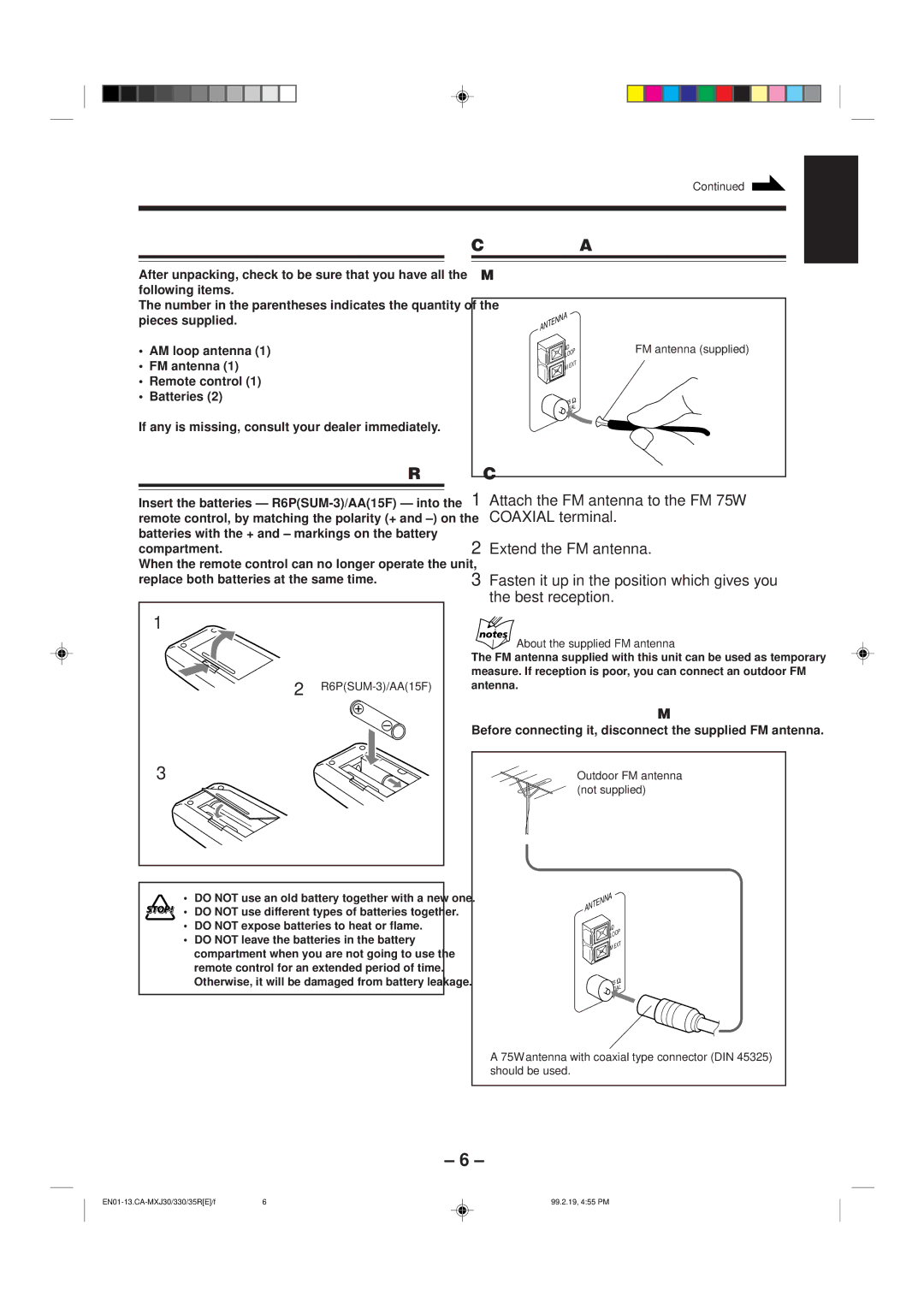 JVC CA-MXJ35R, CA-MXJ30, CA-MXJ330 Getting Started, Unpacking Connecting Antennas, To connect an outdoor FM antenna 