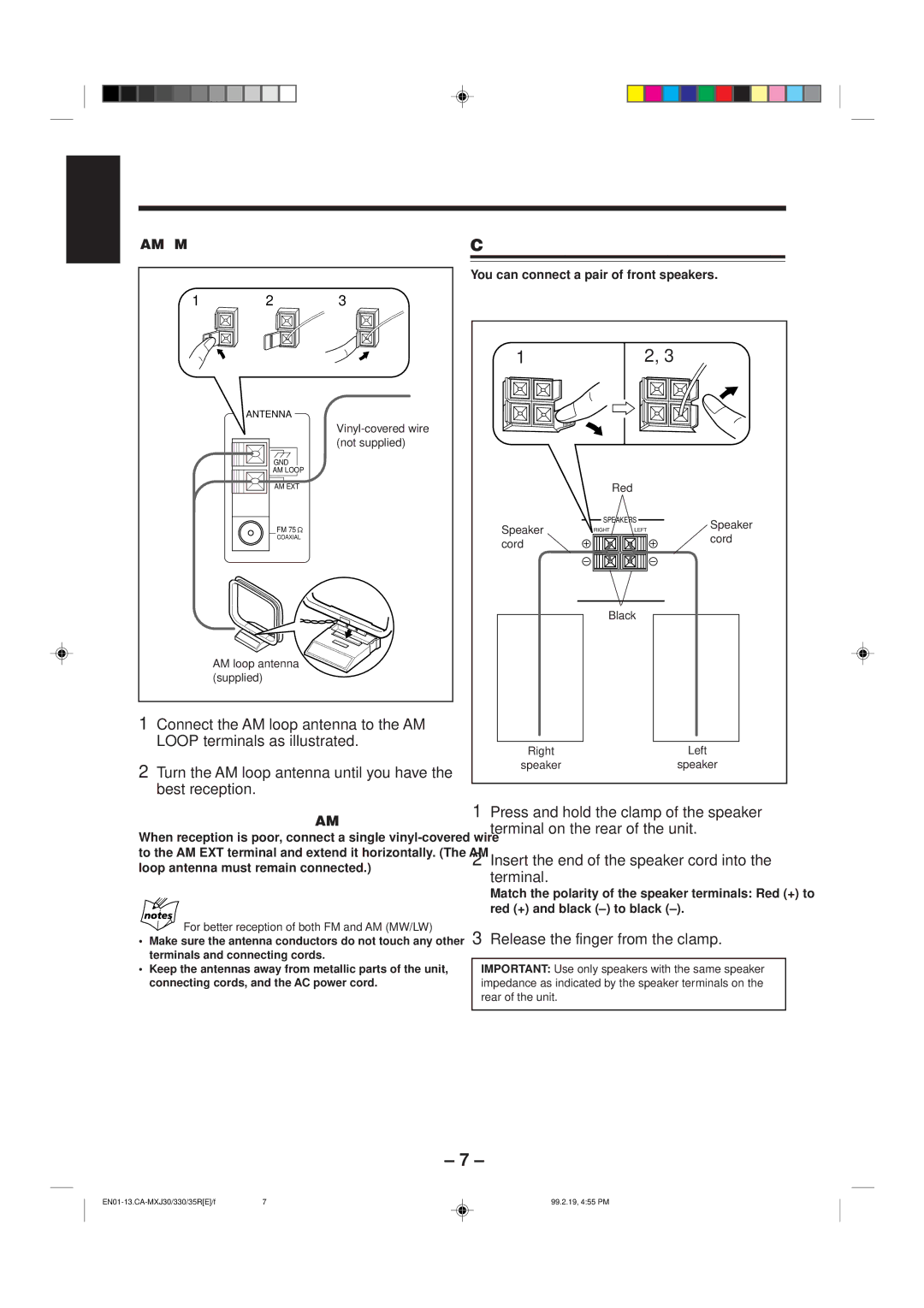 JVC CA-MXJ30 manual Connecting Speakers, Release the finger from the clamp, AM MW/LW antenna, To connect front speakers 