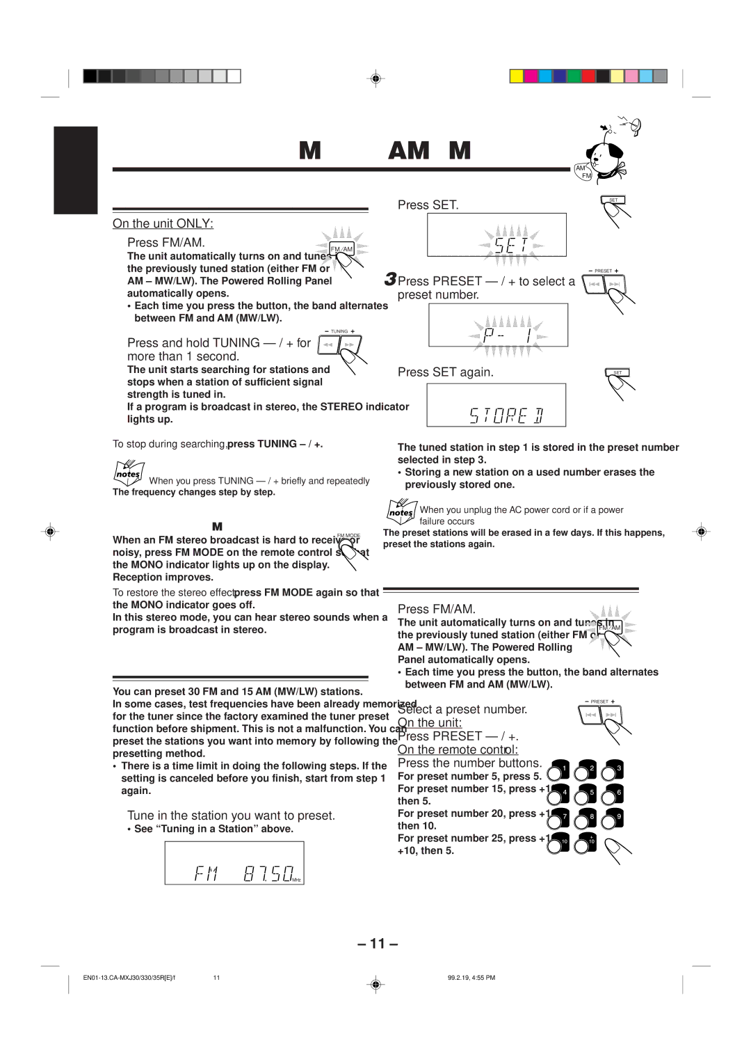 JVC CA-MXJ330, CA-MXJ30, CA-MXJ35R manual Listening to FM and AM MW/LW Broadcasts, Tuning in a Station, Presetting Stations 