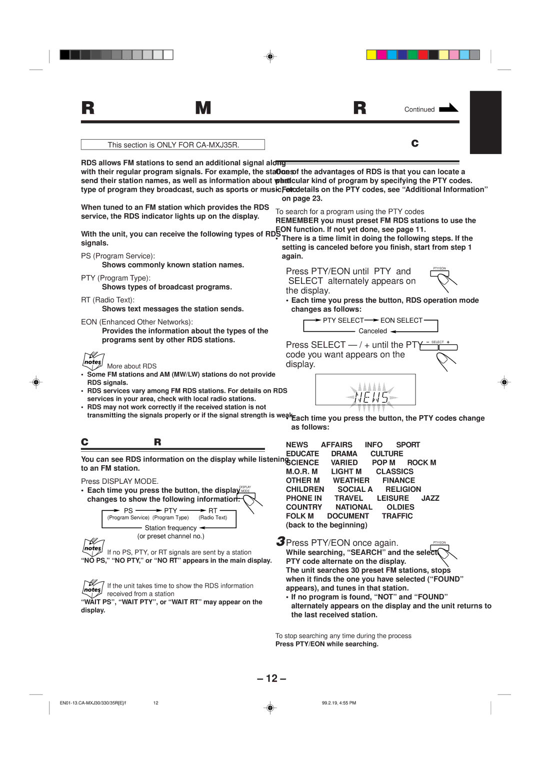JVC CA-MXJ35R Receiving FM Stations with RDS, Changing the RDS Information, Searching for Programs by PTY Codes PTY Search 