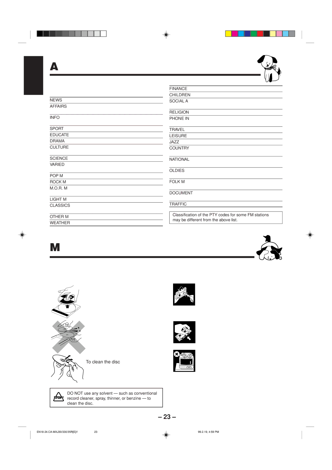 JVC CA-MXJ330 Additional Information, Maintenance, Description of the PTY codes, Handling discs, Handling cassette tapes 