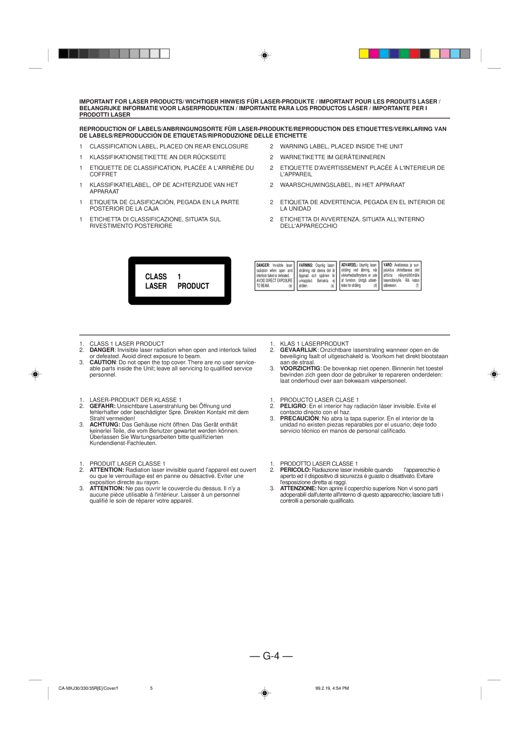 JVC CA-MXJ35R, CA-MXJ30, CA-MXJ330 manual Class Laser Product 