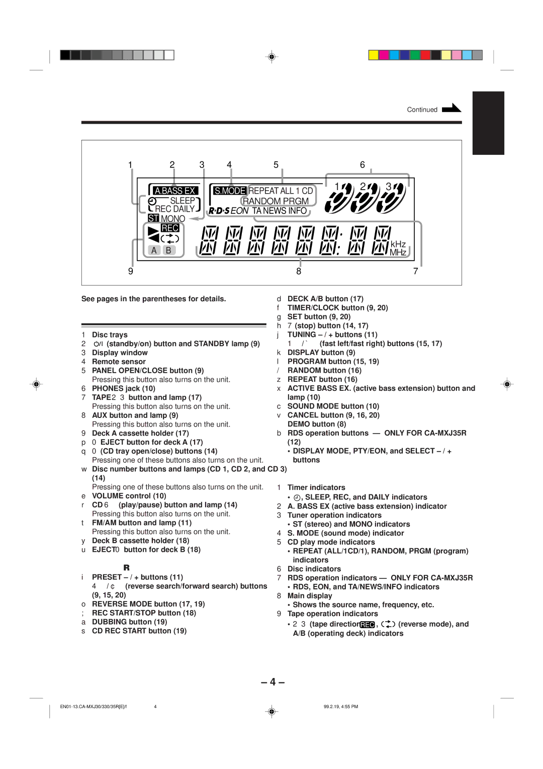 JVC CA-MXJ30, CA-MXJ330 Front Panel, Display Window, See pages in the parentheses for details, Eject 0 button for deck B 