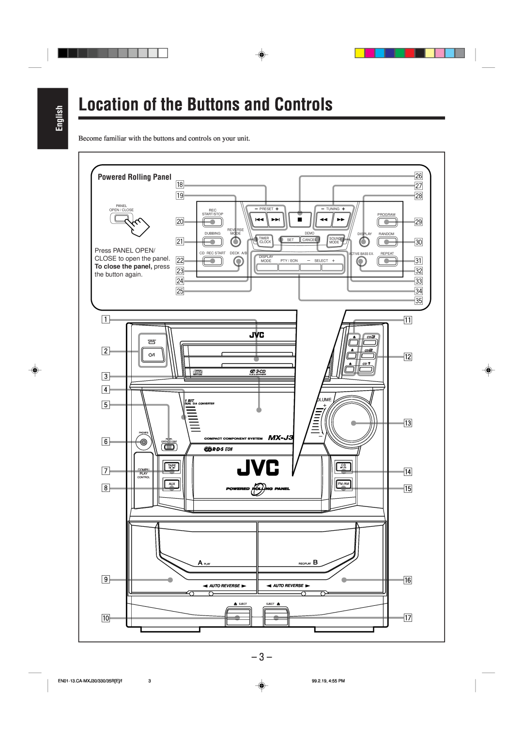 JVC CA-MXJ35R, CA-MXJ30, CA-MXJ330 manual Location of the Buttons and Controls, English 