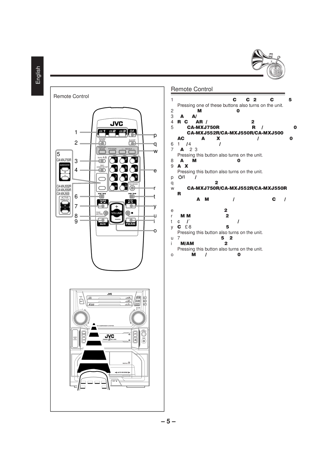 JVC CA-MXJ500 manual Remote Control 