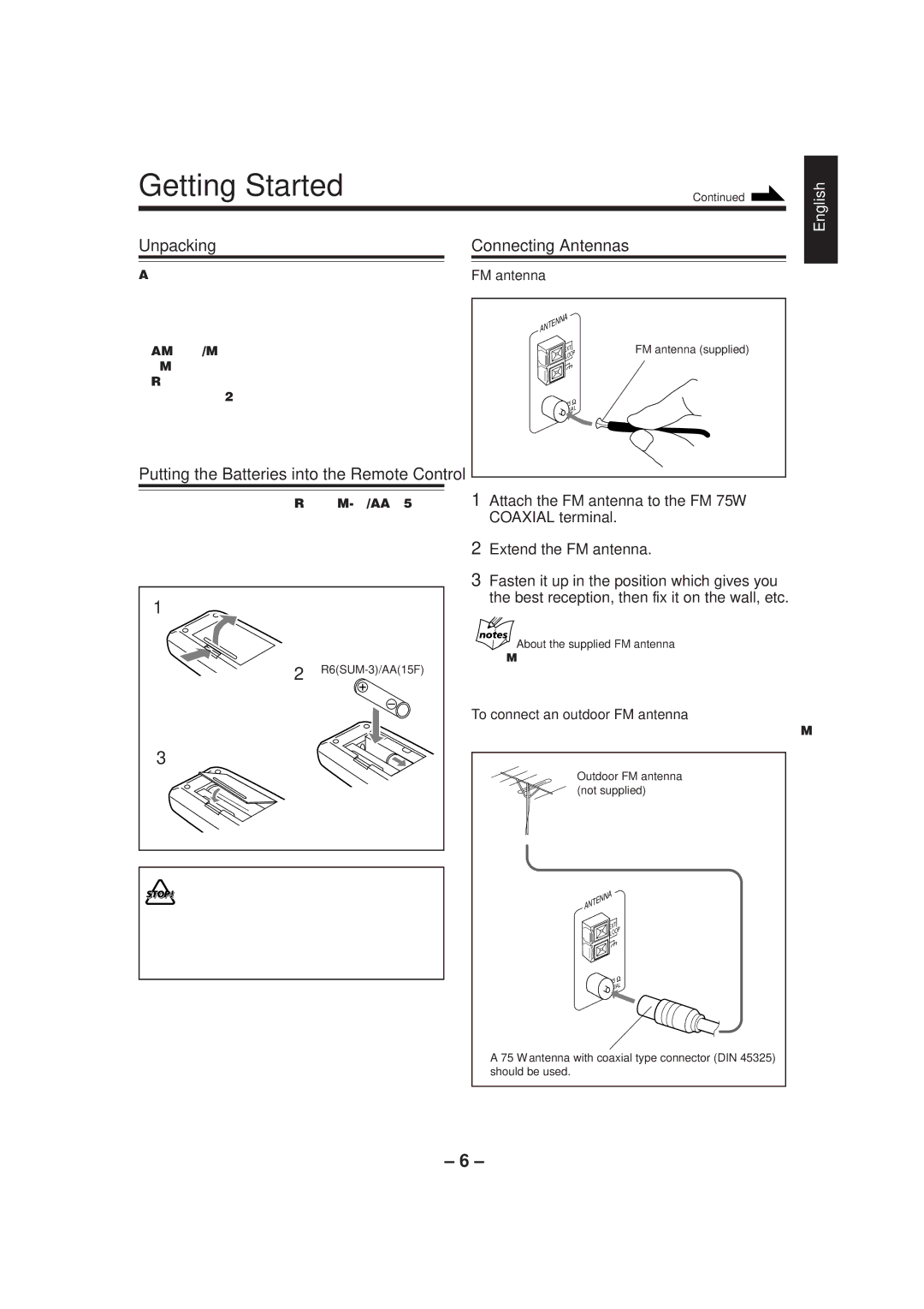 JVC CA-MXJ500 manual Getting Started, Unpacking, Connecting Antennas, To connect an outdoor FM antenna 