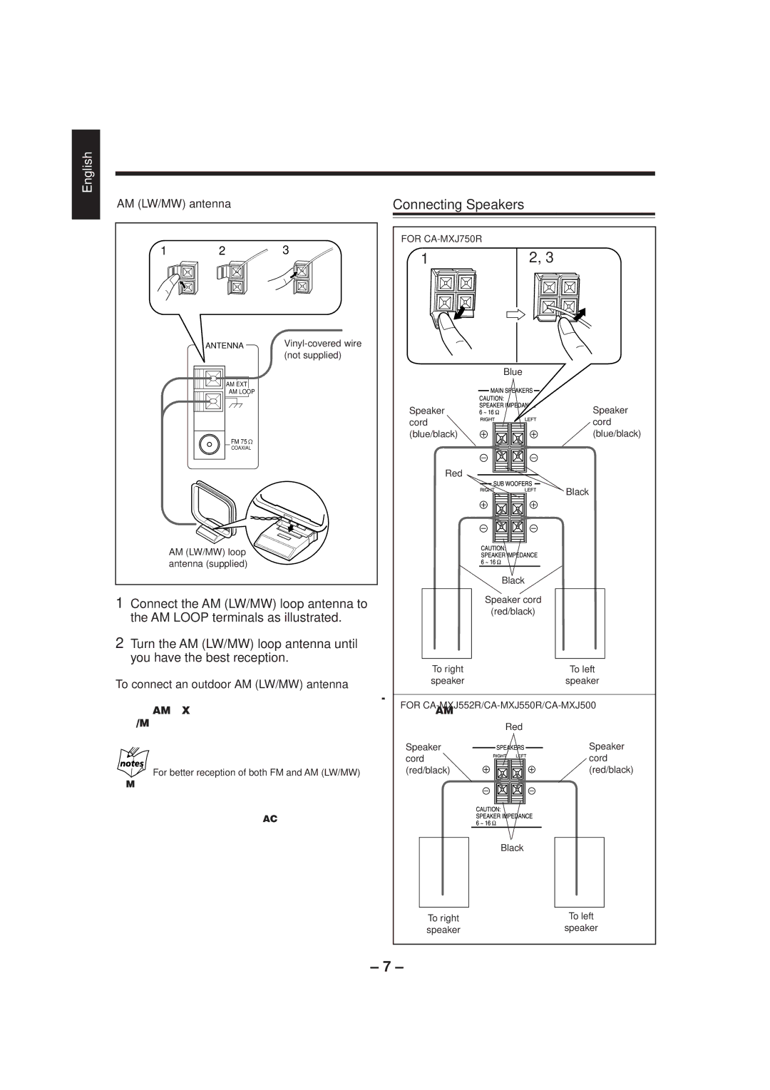 JVC CA-MXJ500 manual Connecting Speakers, To connect an outdoor AM LW/MW antenna 