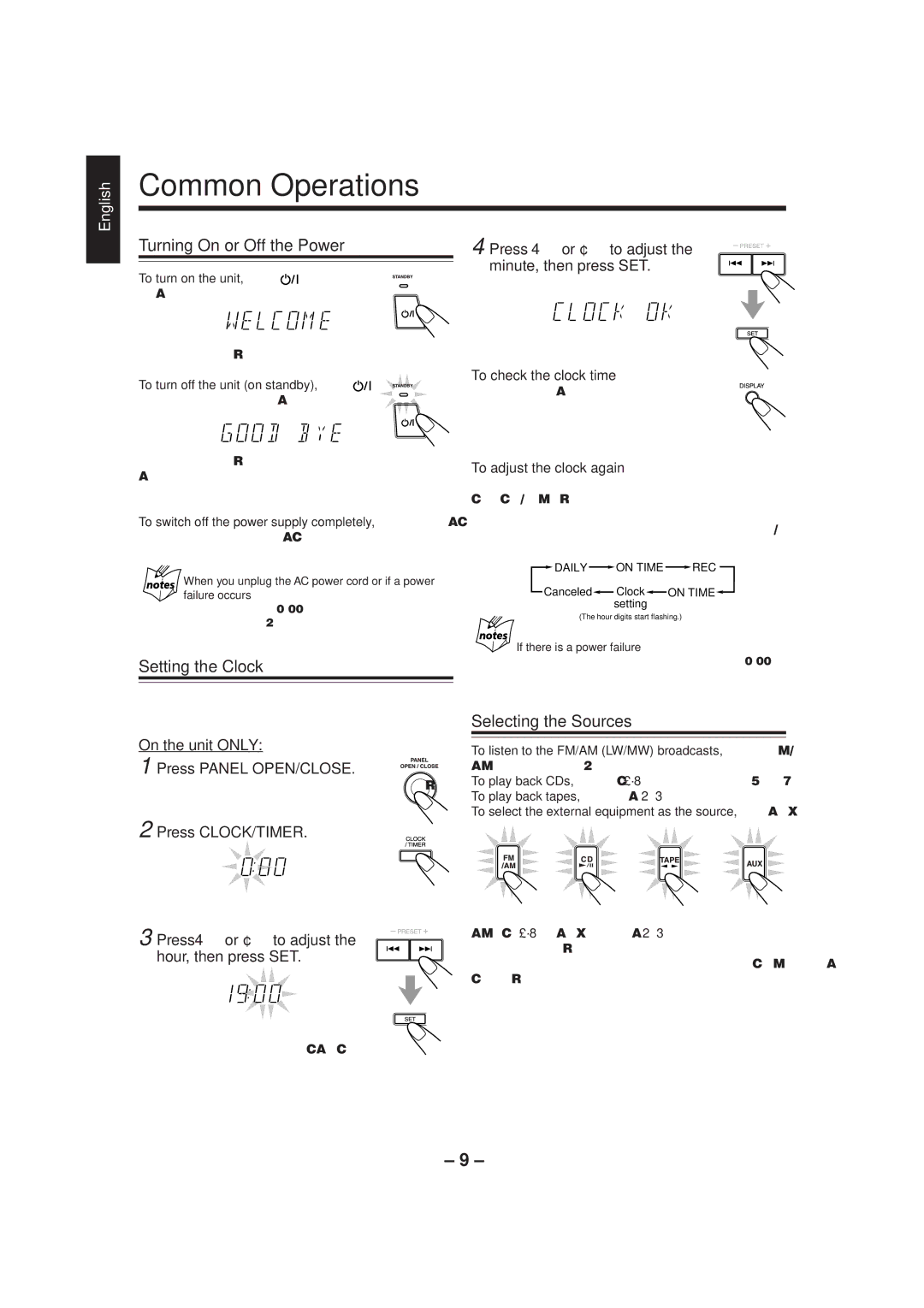 JVC CA-MXJ500 manual Common Operations, Turning On or Off the Power, Setting the Clock, Selecting the Sources 