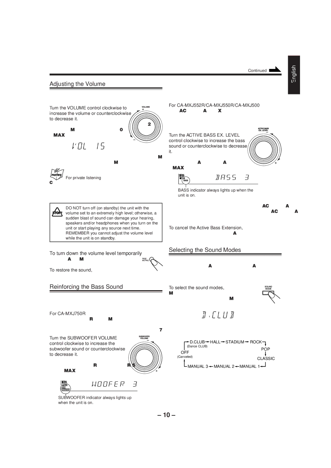 JVC CA-MXJ500 manual Adjusting the Volume, Reinforcing the Bass Sound, Selecting the Sound Modes, For private listening 