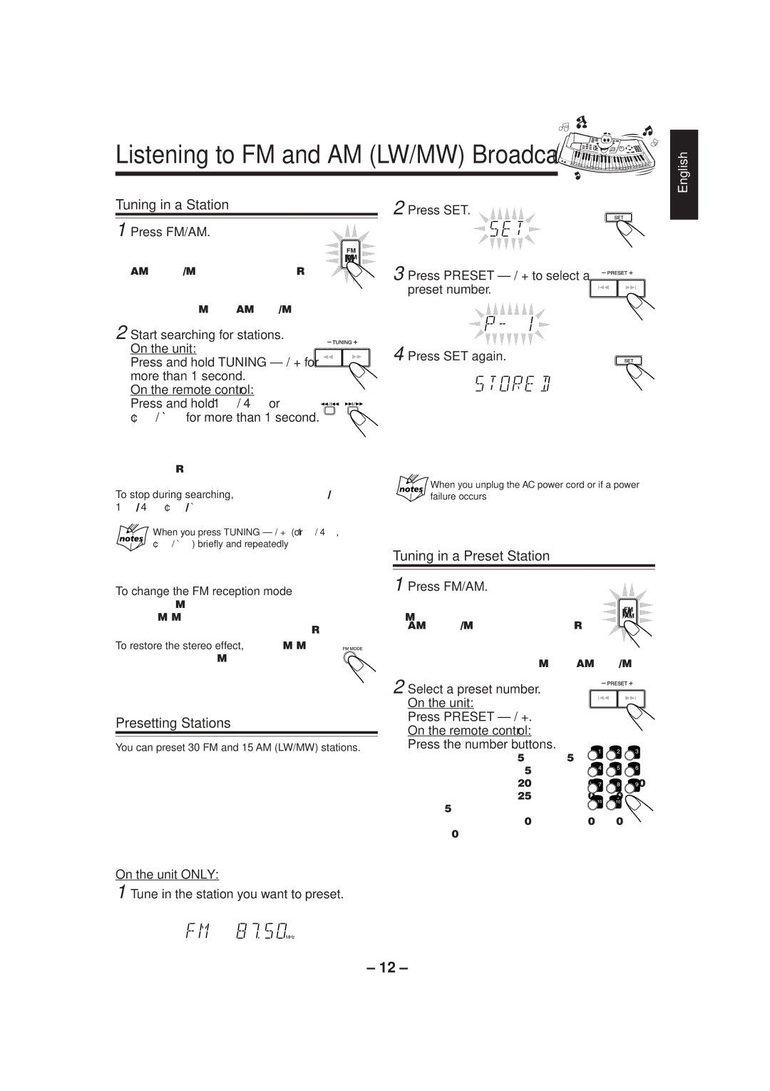 JVC CA-MXJ500 manual Listening to FM and AM LW/MW Broadcasts, Tuning in a Station, Presetting Stations 