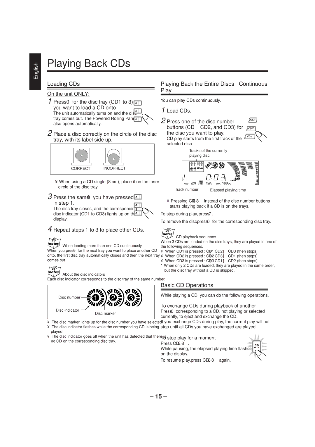 JVC CA-MXJ500 manual Playing Back CDs, Loading CDs, Playing Back the Entire Discs Continuous Play, Basic CD Operations 