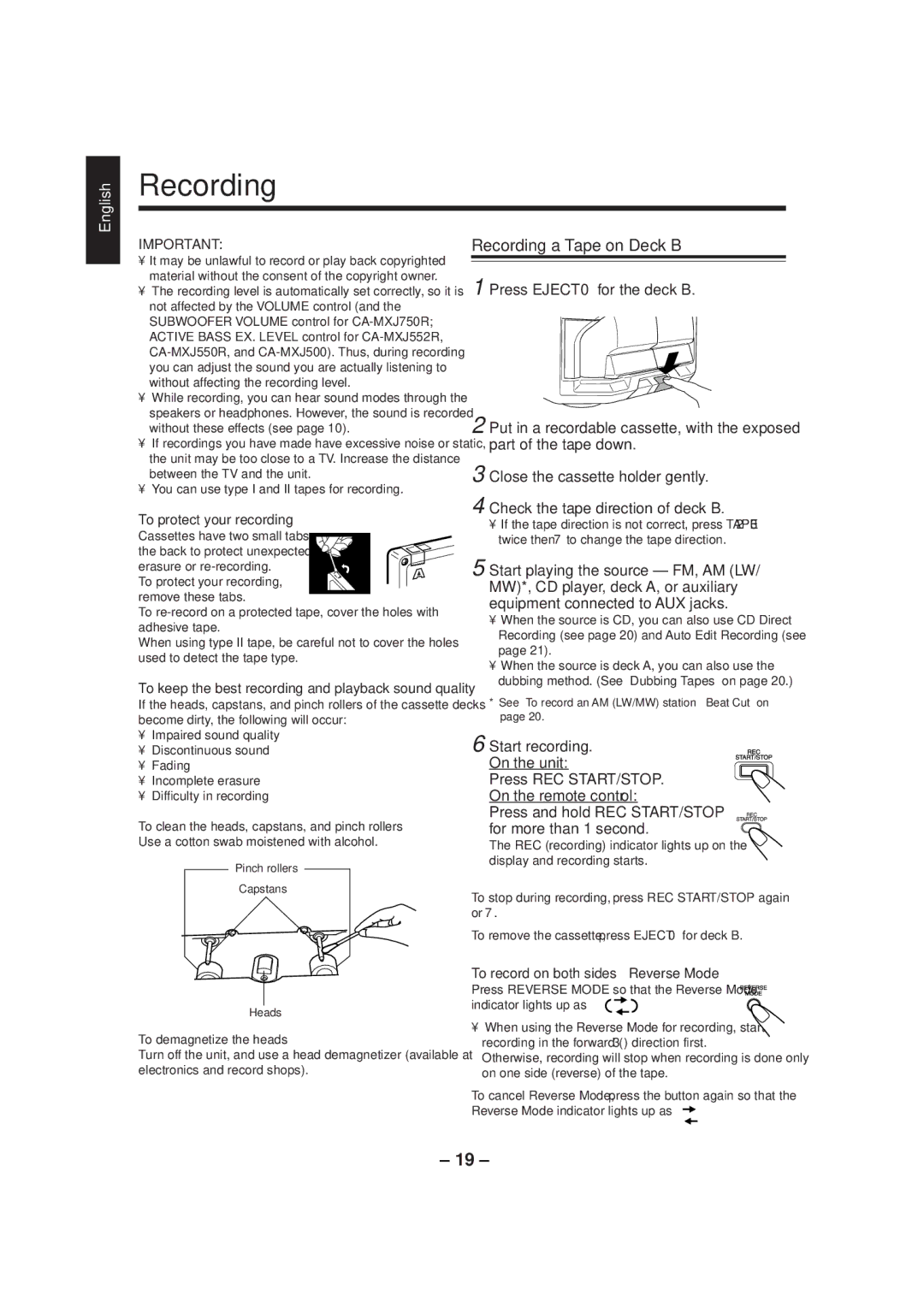 JVC CA-MXJ500 manual Recording a Tape on Deck B, To record on both sides Reverse Mode 